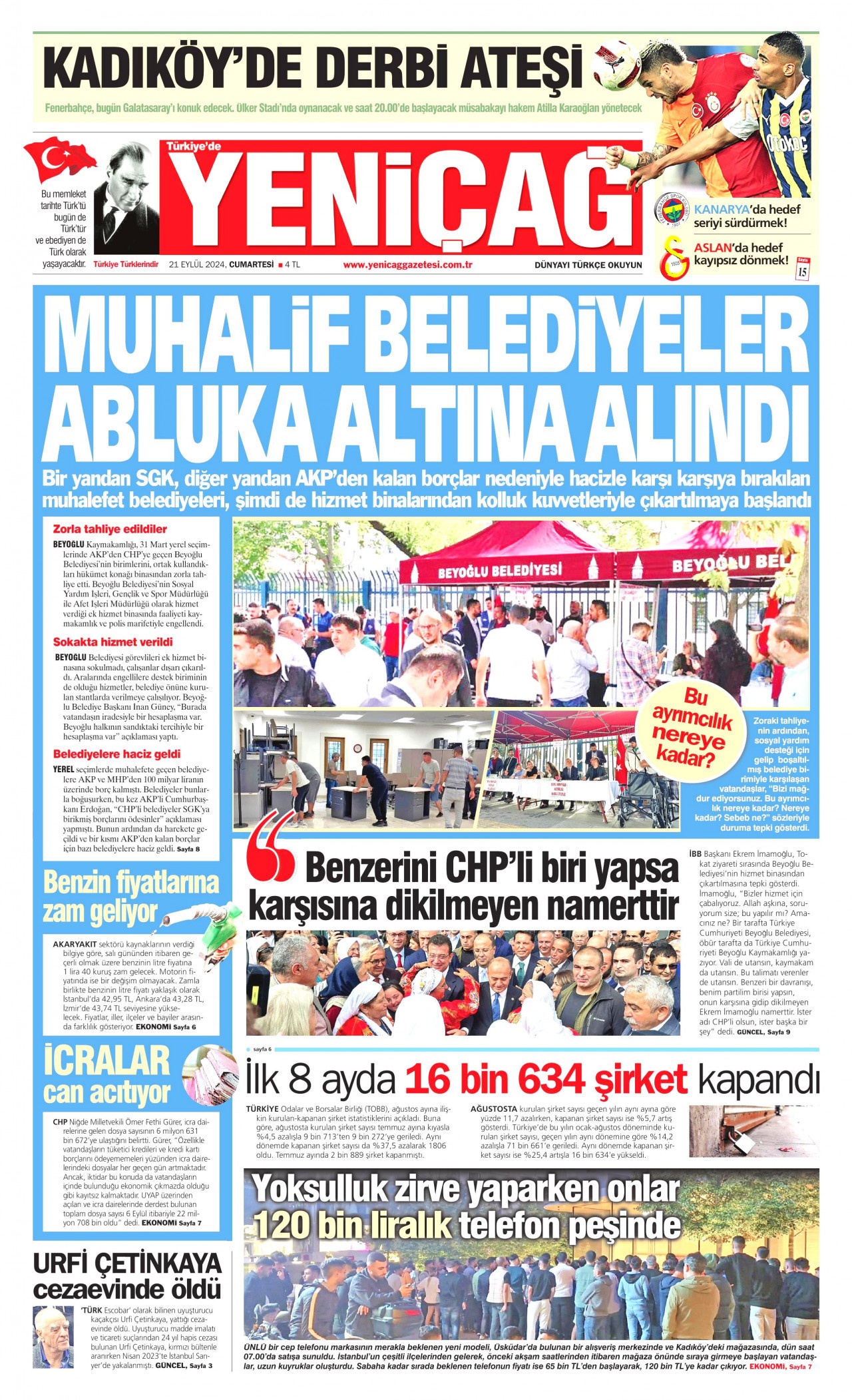 YENİÇAĞ gazetesinin 21 Eylül 2024 tarihli birinci sayfası