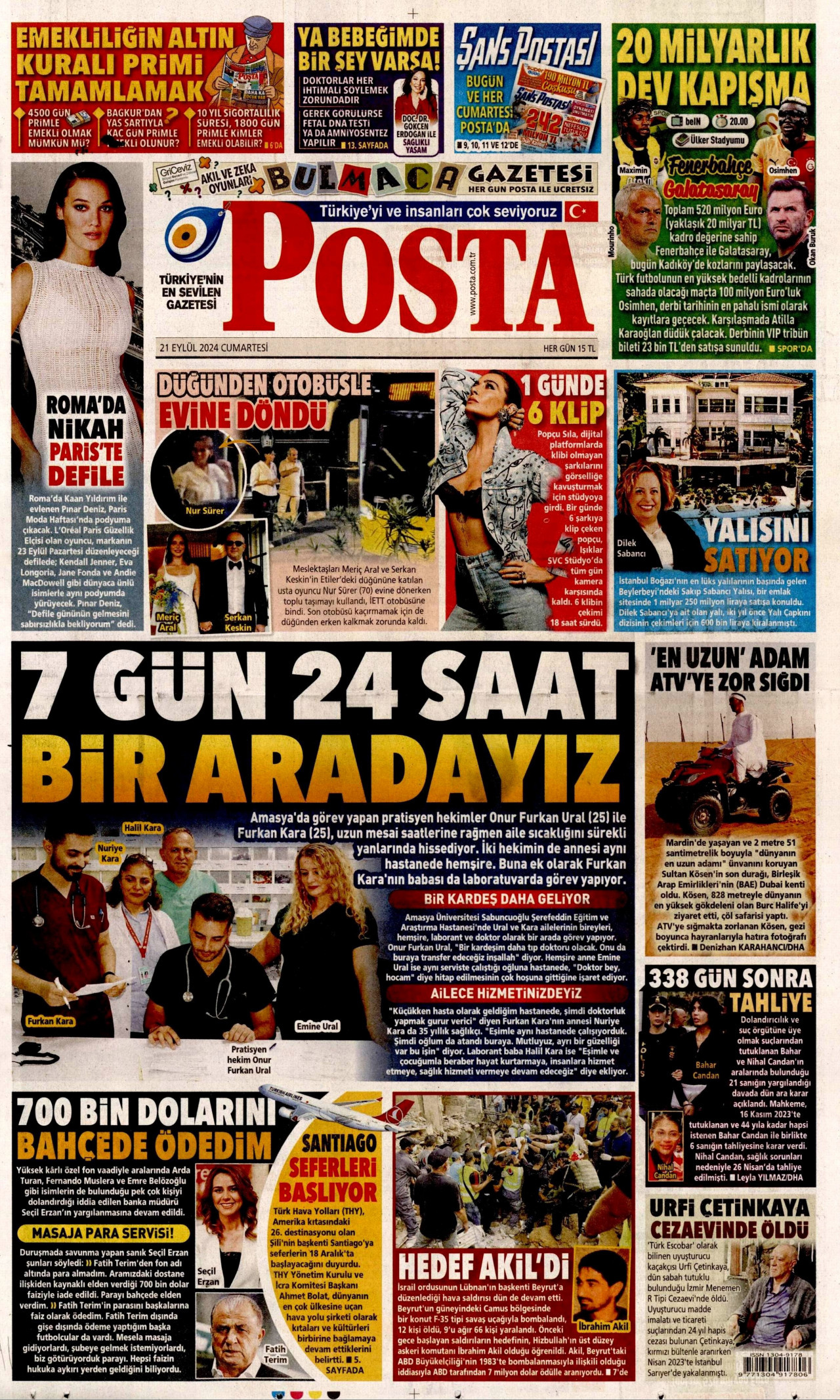 POSTA gazetesinin 21 Eylül 2024 tarihli birinci sayfası