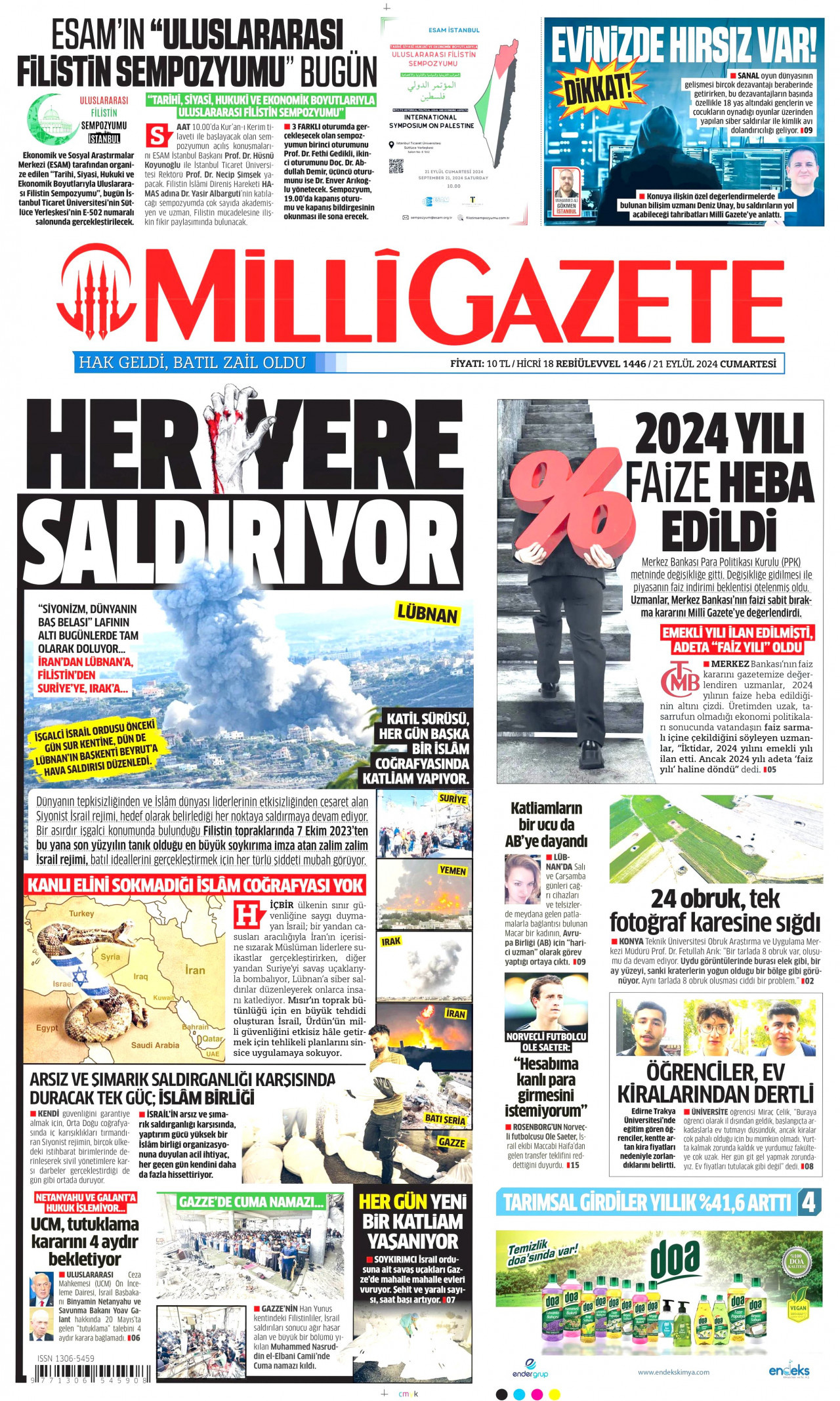 MİLLİ GAZETE gazetesinin 21 Eylül 2024 tarihli birinci sayfası