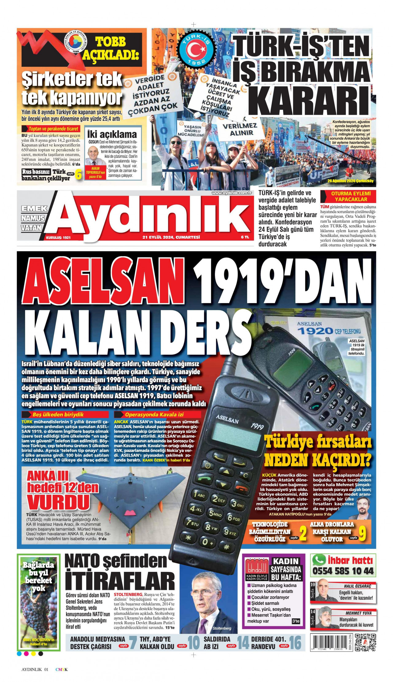 AYDINLIK GAZETESİ gazetesinin 21 Eylül 2024 tarihli birinci sayfası