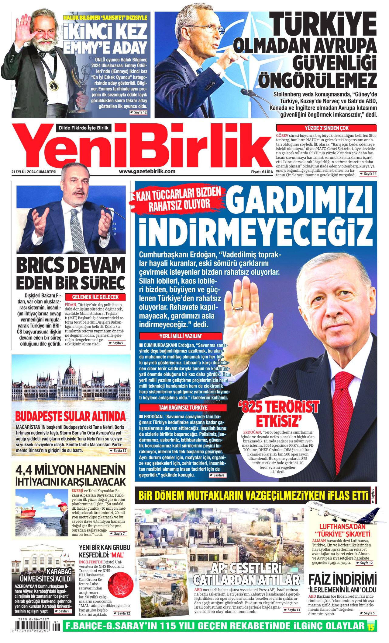 YENİBİRLİK gazetesinin 21 Eylül 2024 tarihli birinci sayfası