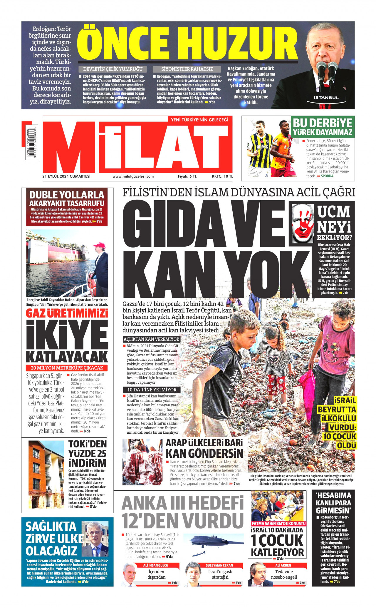 MİLAT gazetesinin 21 Eylül 2024 tarihli birinci sayfası