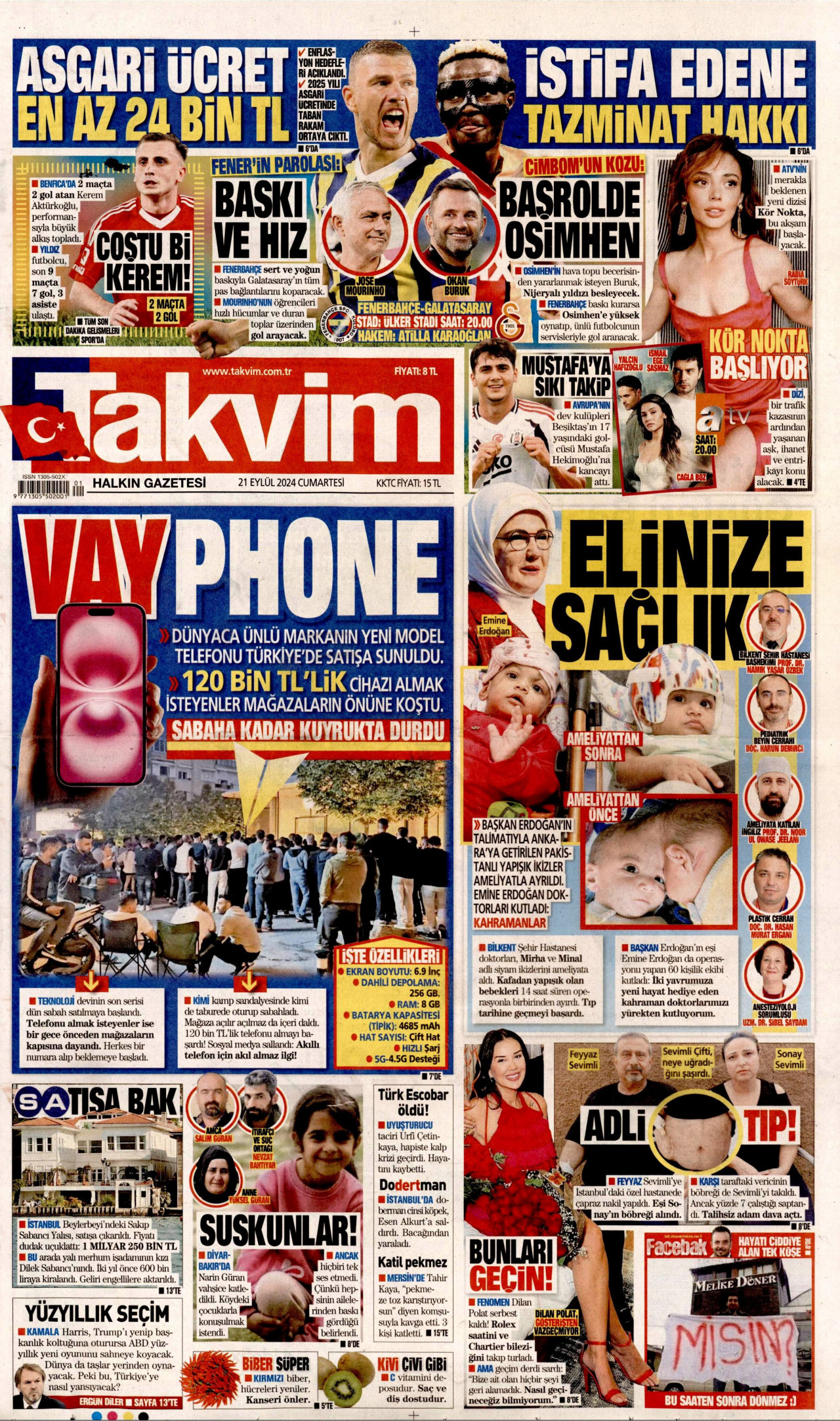 TAKVİM gazetesinin 21 Eylül 2024 tarihli birinci sayfası