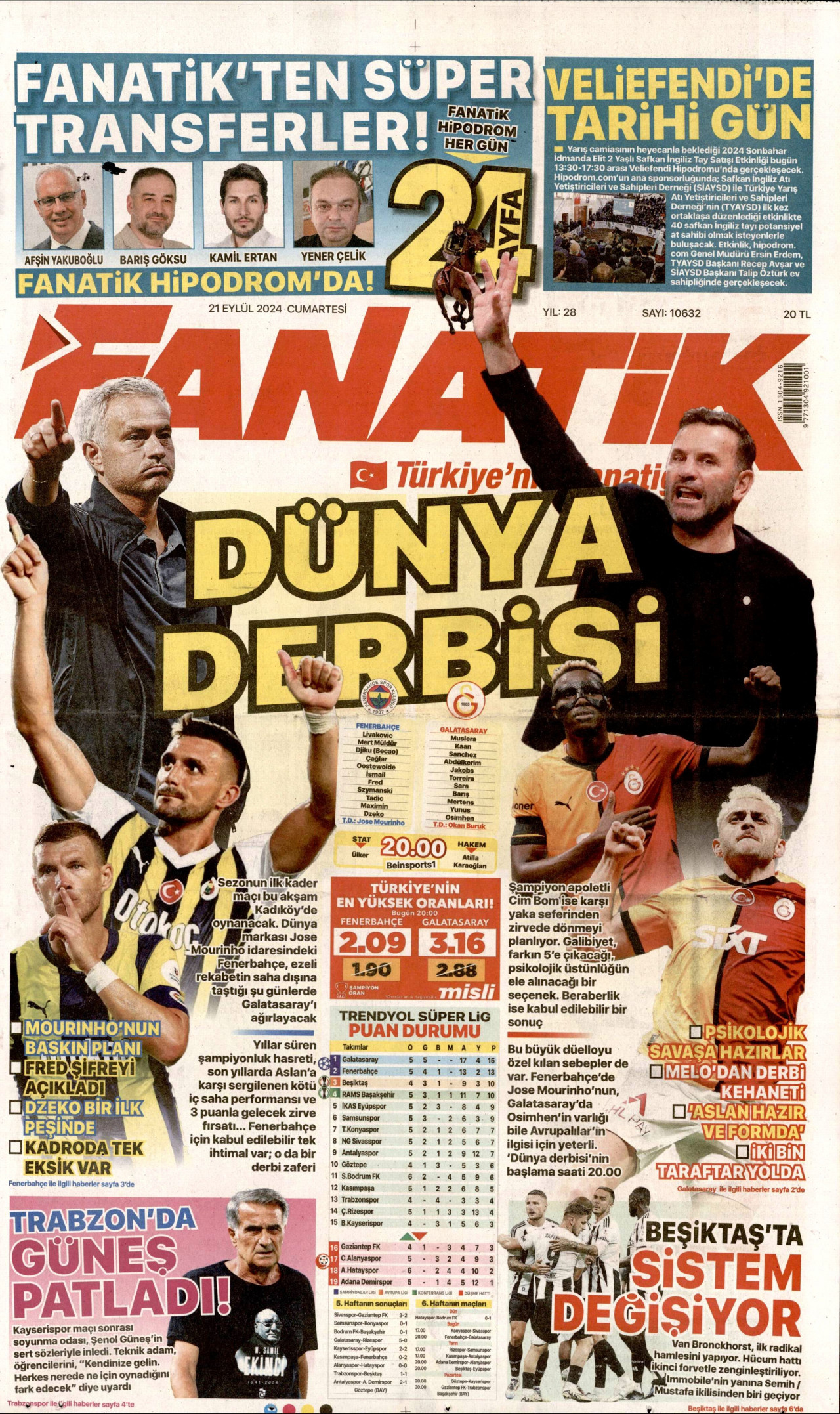 FANATİK gazetesinin 21 Eylül 2024 tarihli birinci sayfası