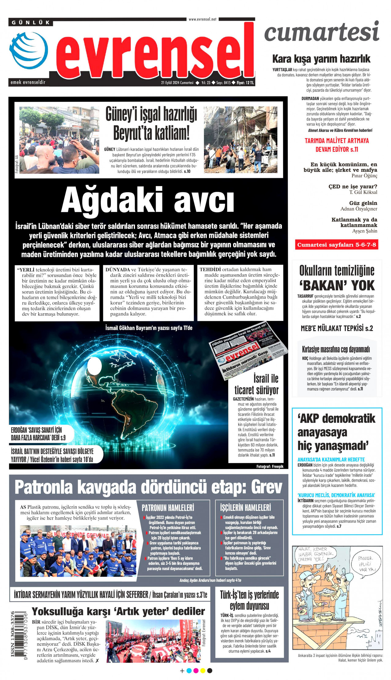 EVRENSEL gazetesinin 21 Eylül 2024 tarihli birinci sayfası
