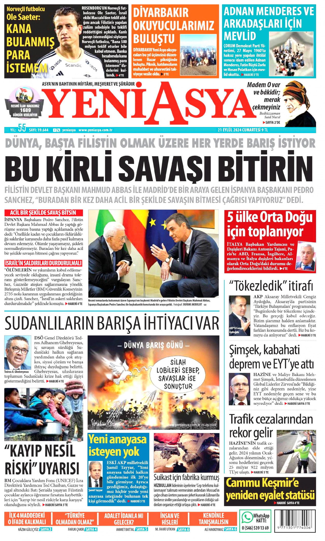 YENİ ASYA gazetesinin 21 Eylül 2024 tarihli birinci sayfası