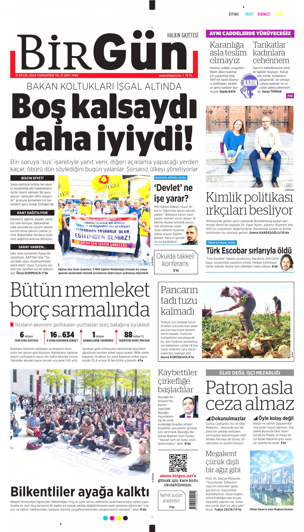 BİRGÜN gazetesinin 21 Eylül 2024 tarihli birinci sayfası