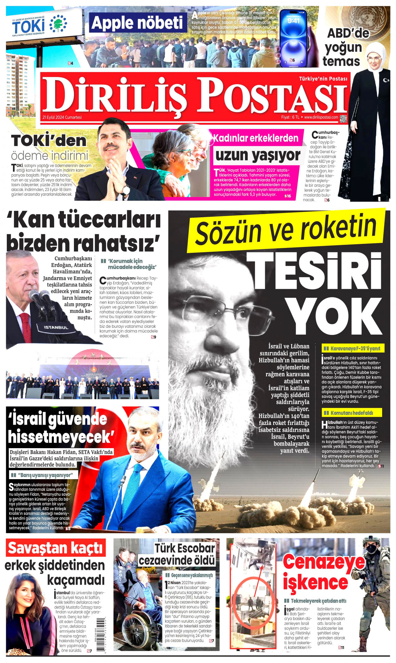 DİRİLİŞ POSTASI gazetesinin 21 Eylül 2024 tarihli birinci sayfası