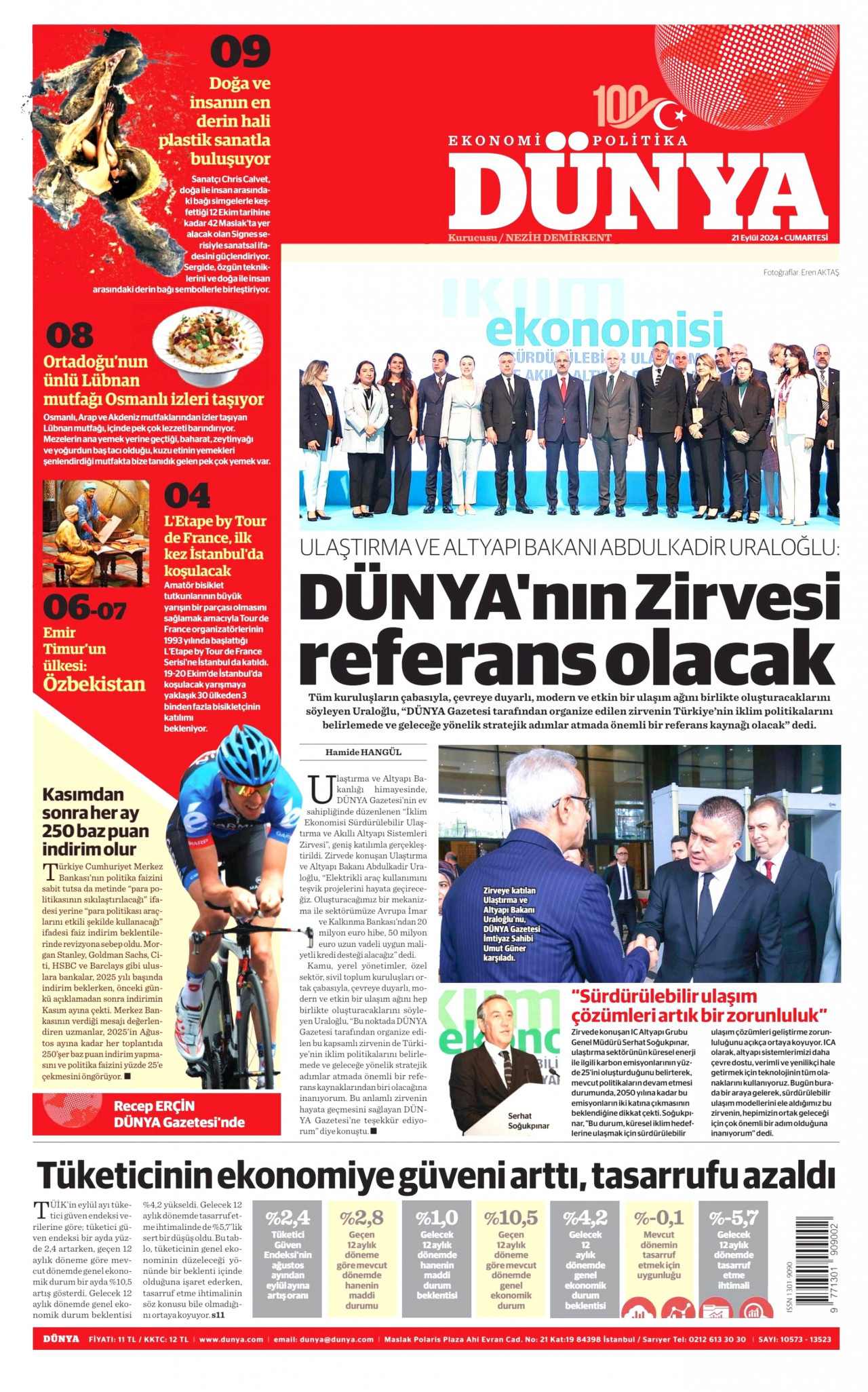 DÜNYA gazetesinin 21 Eylül 2024 tarihli birinci sayfası
