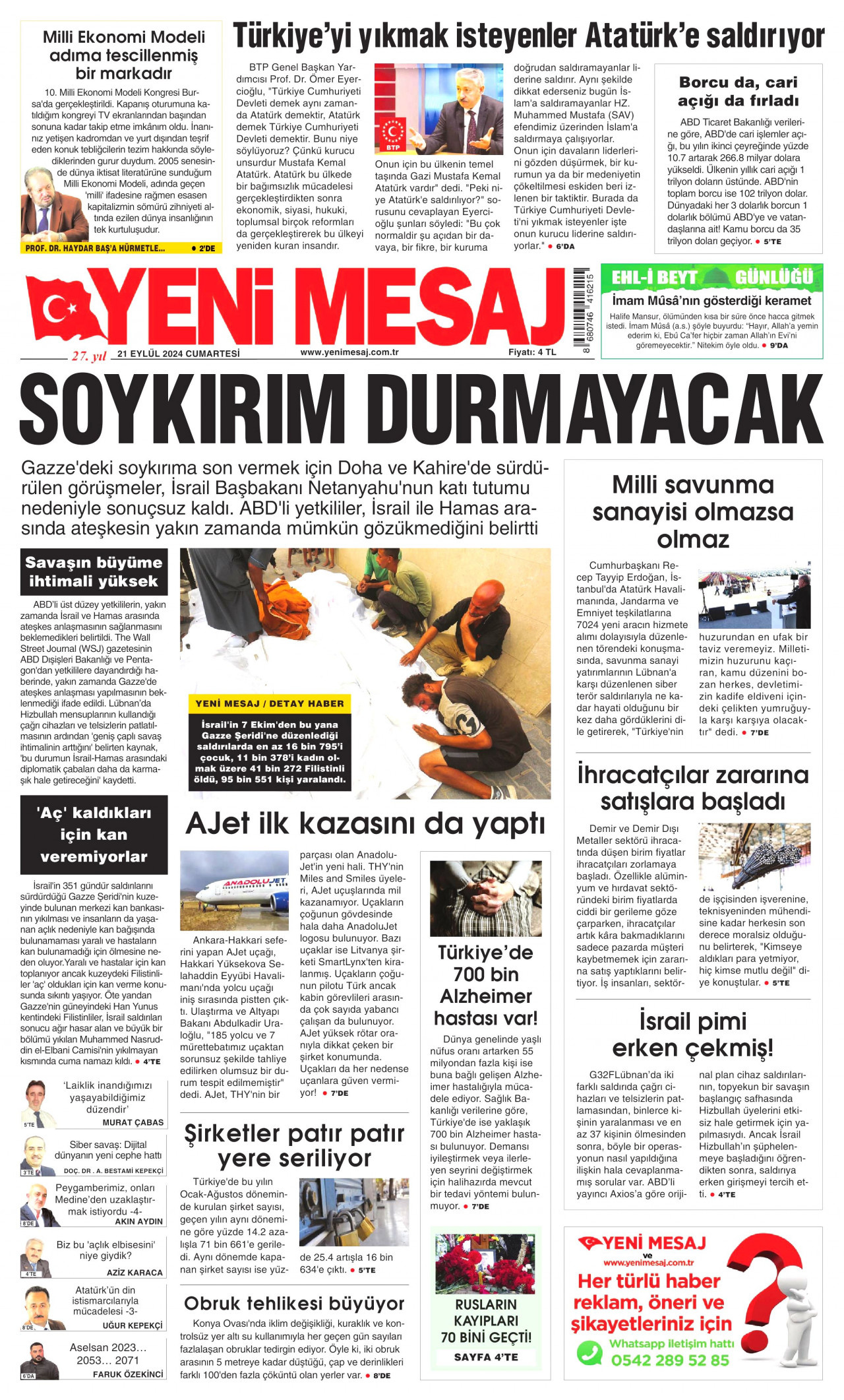 YENİ MESAJ gazetesinin 21 Eylül 2024 tarihli birinci sayfası