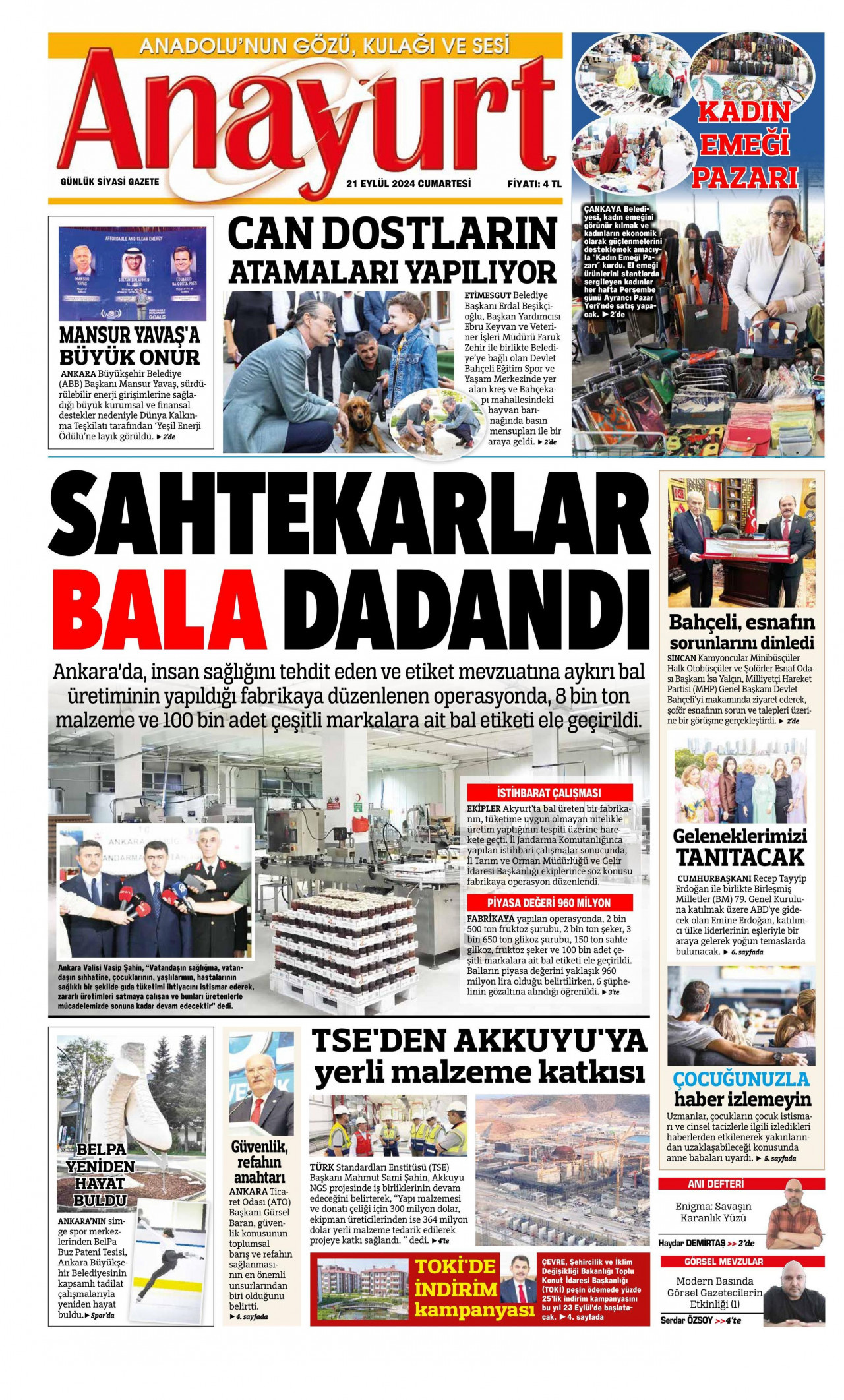 ANAYURT gazetesinin 21 Eylül 2024 tarihli birinci sayfası