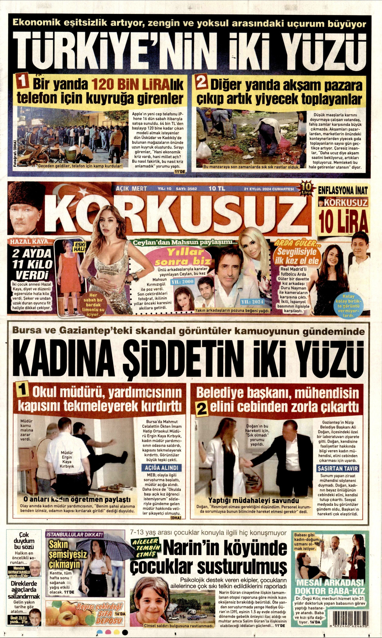 KORKUSUZ gazetesinin 21 Eylül 2024 tarihli birinci sayfası