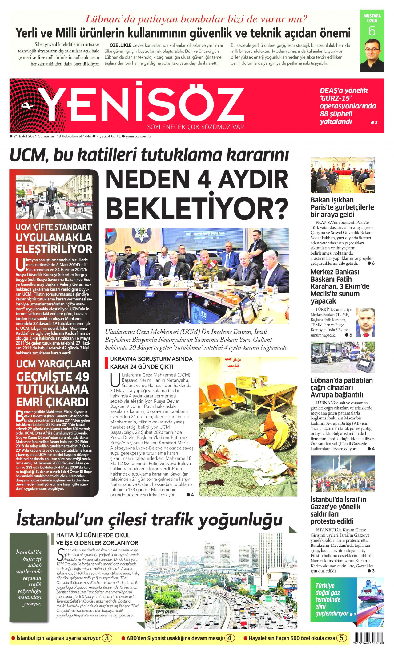 YENİ SÖZ GAZETESİ gazetesinin 21 Eylül 2024 tarihli birinci sayfası