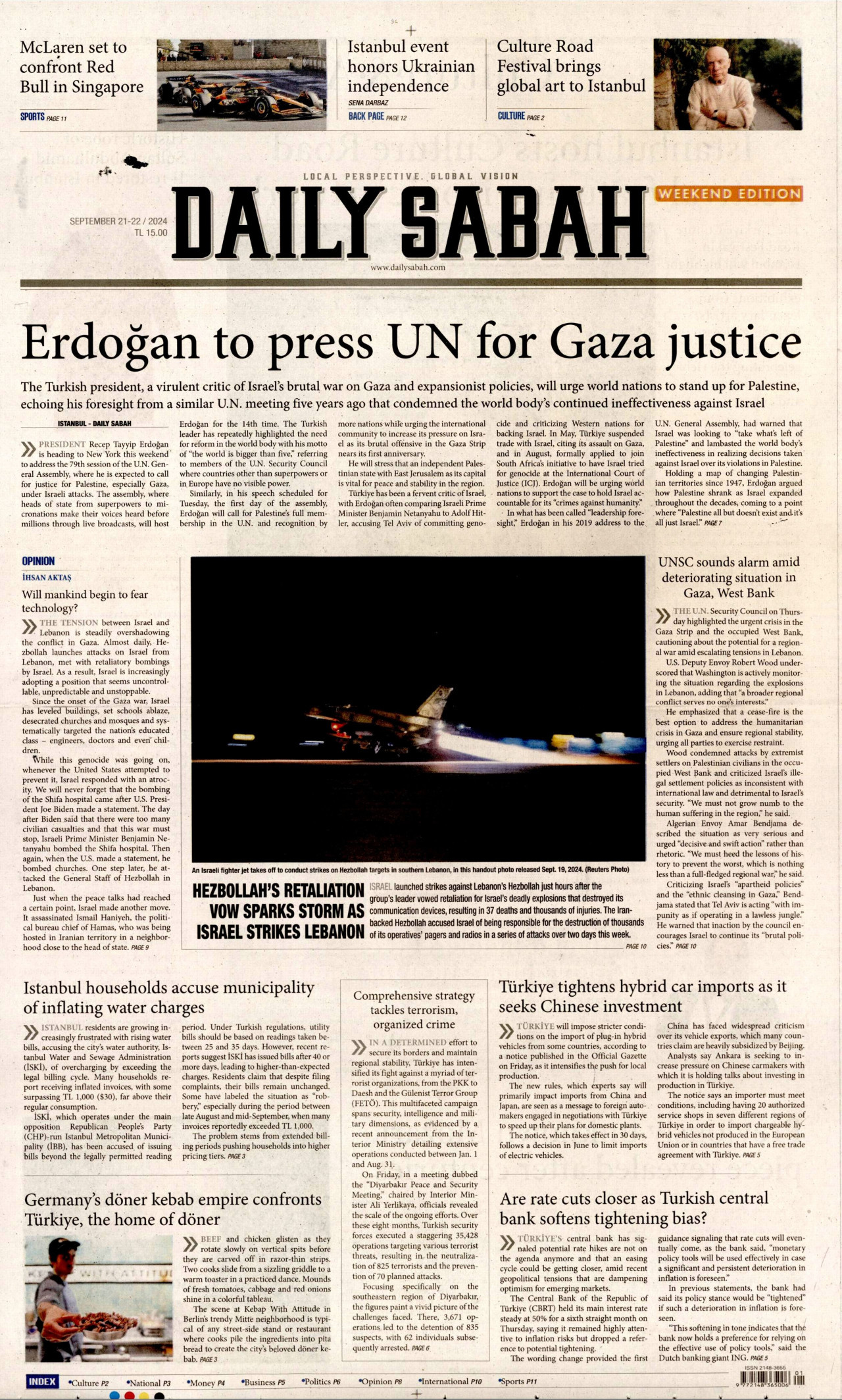 DAİLY SABAH gazetesinin 21 Eylül 2024 tarihli birinci sayfası