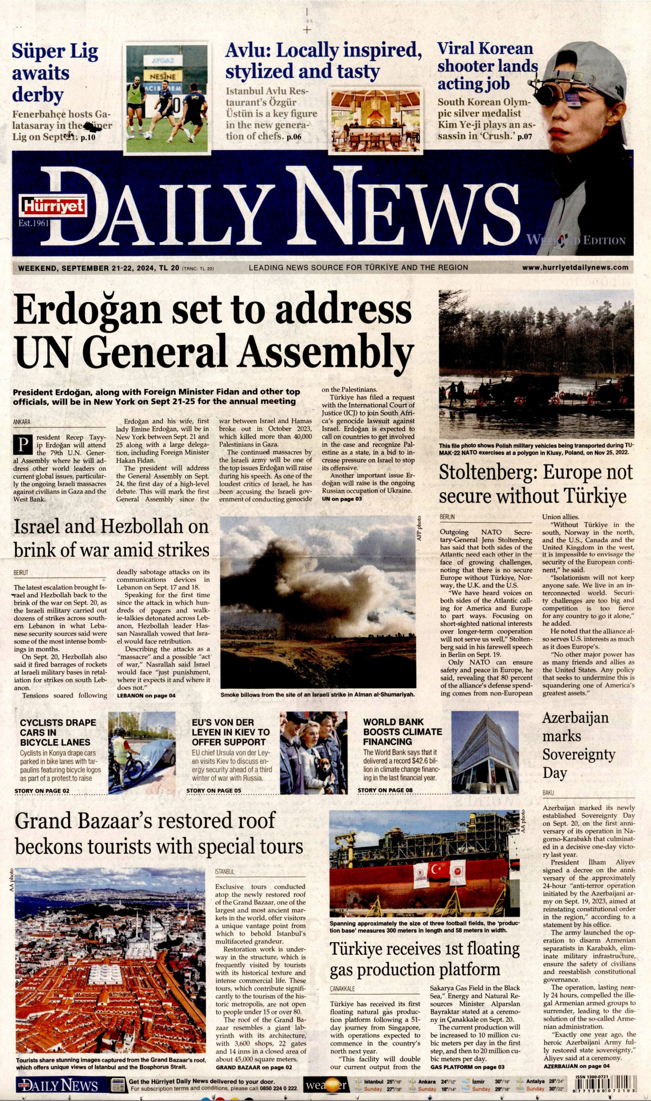 HÜRRİYET DAİLY NEWS gazetesinin 21 Eylül 2024 tarihli birinci sayfası