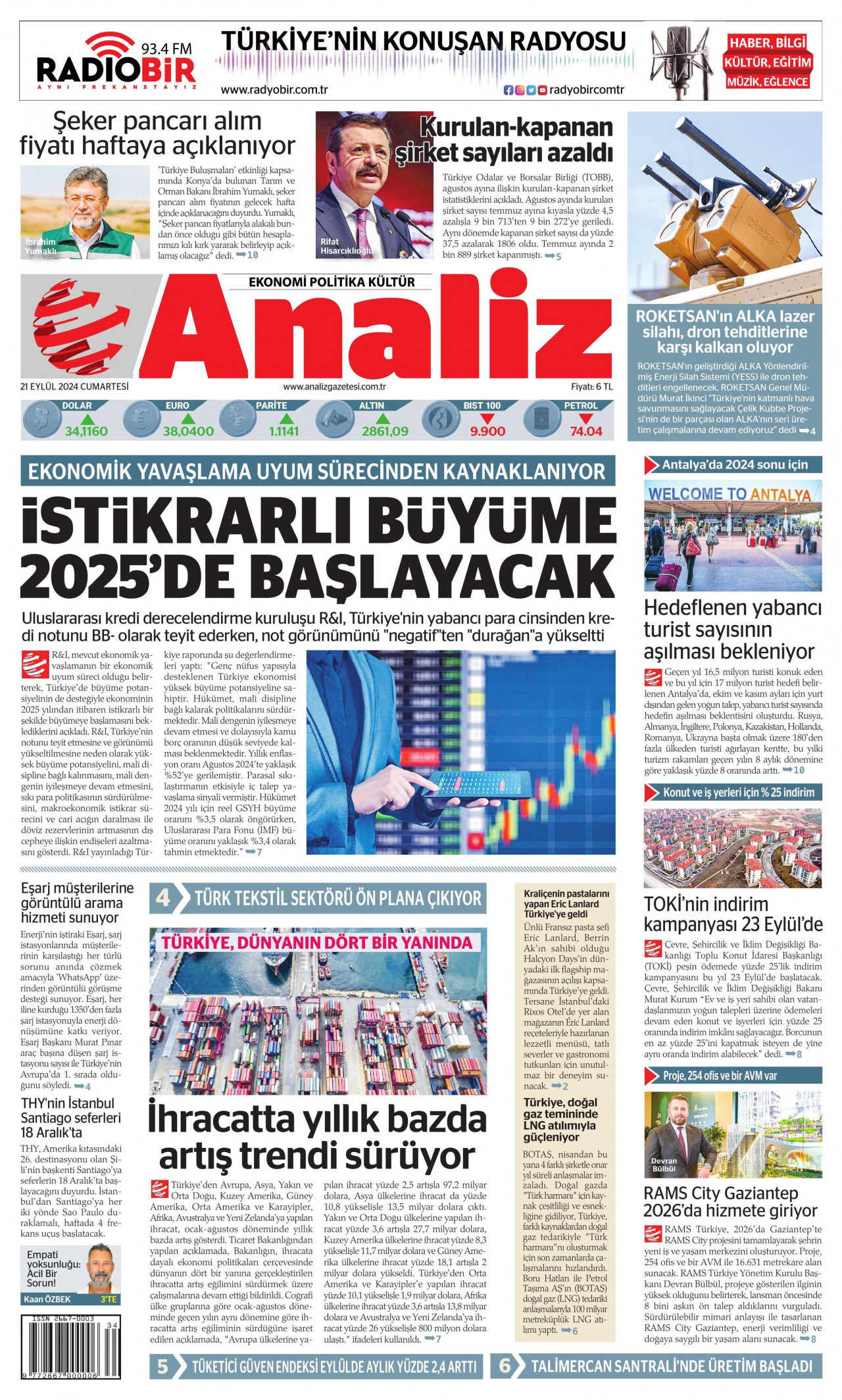 ANALİZ gazetesinin 21 Eylül 2024 tarihli birinci sayfası