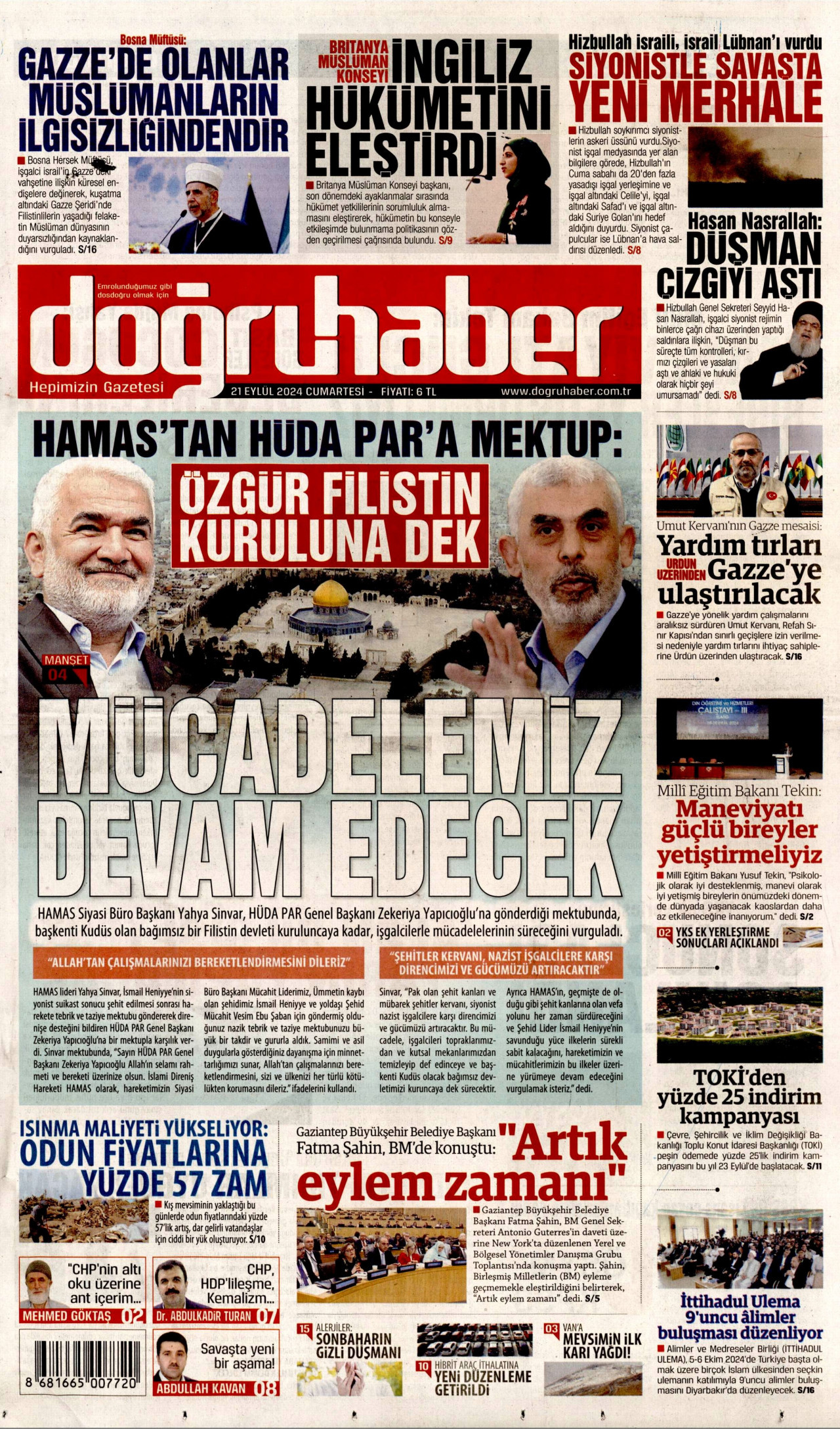 DOĞRU HABER gazetesinin 21 Eylül 2024 tarihli birinci sayfası