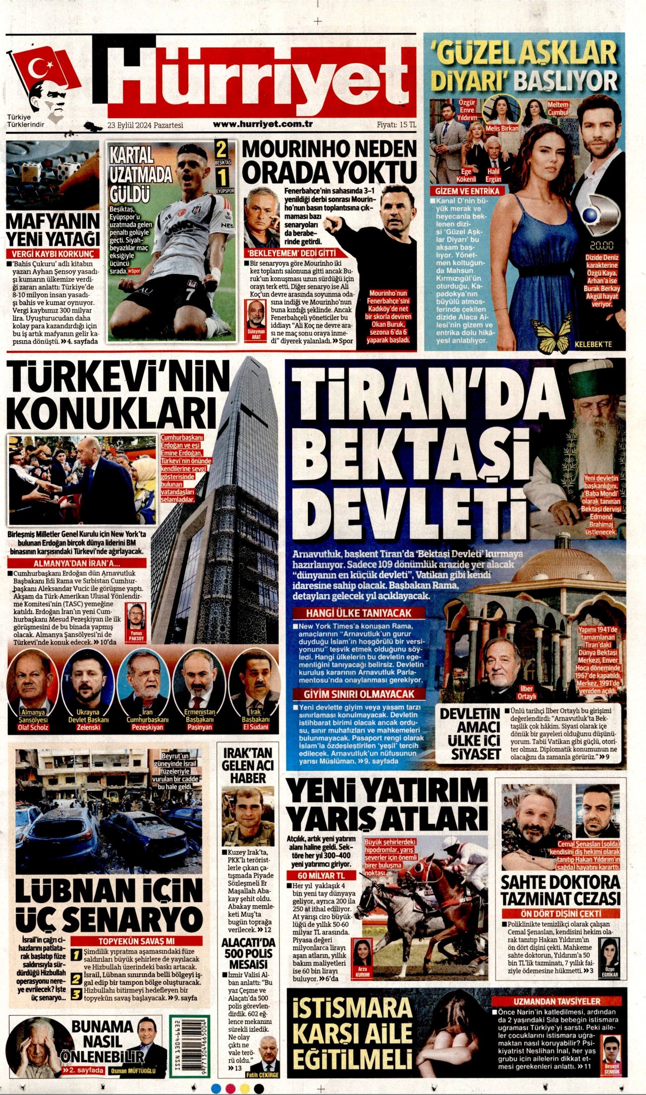 HÜRRİYET gazetesinin 23 Eylül 2024 tarihli birinci sayfası