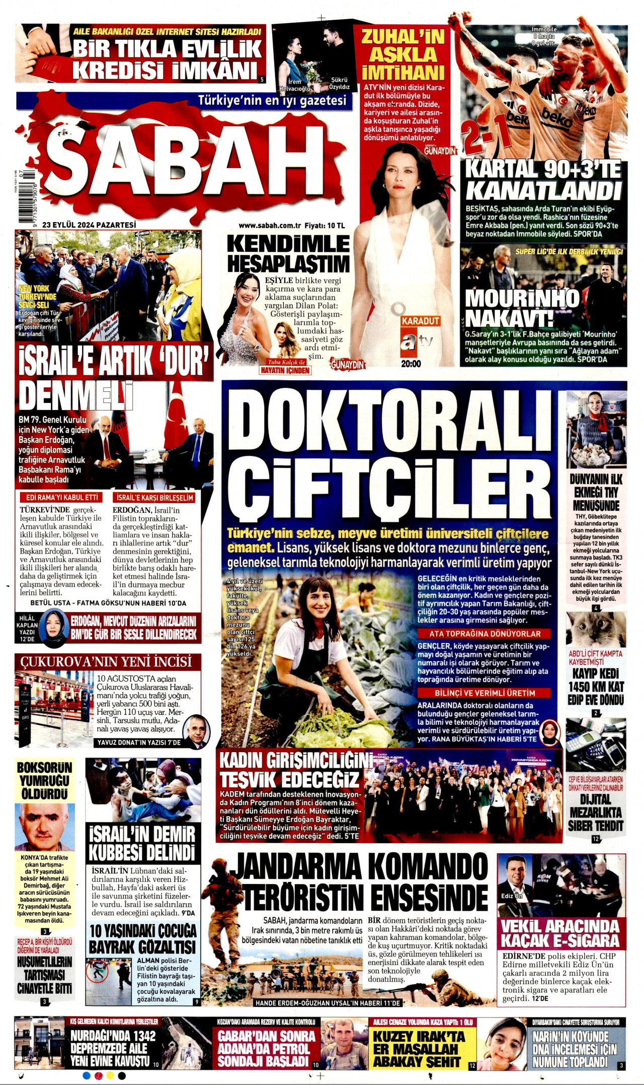 SABAH gazetesinin 23 Eylül 2024 tarihli birinci sayfası