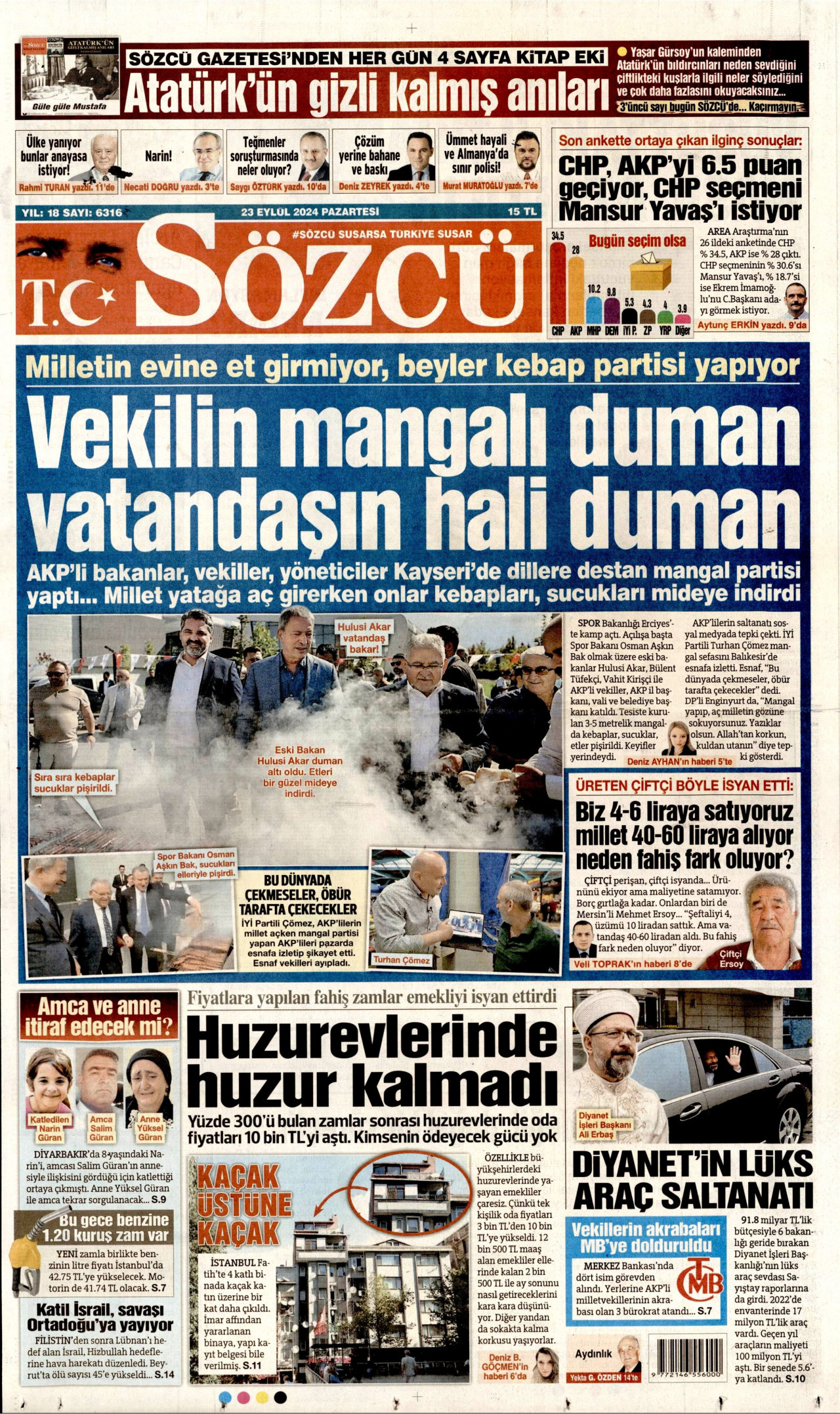 SÖZCÜ gazetesinin 23 Eylül 2024 tarihli birinci sayfası