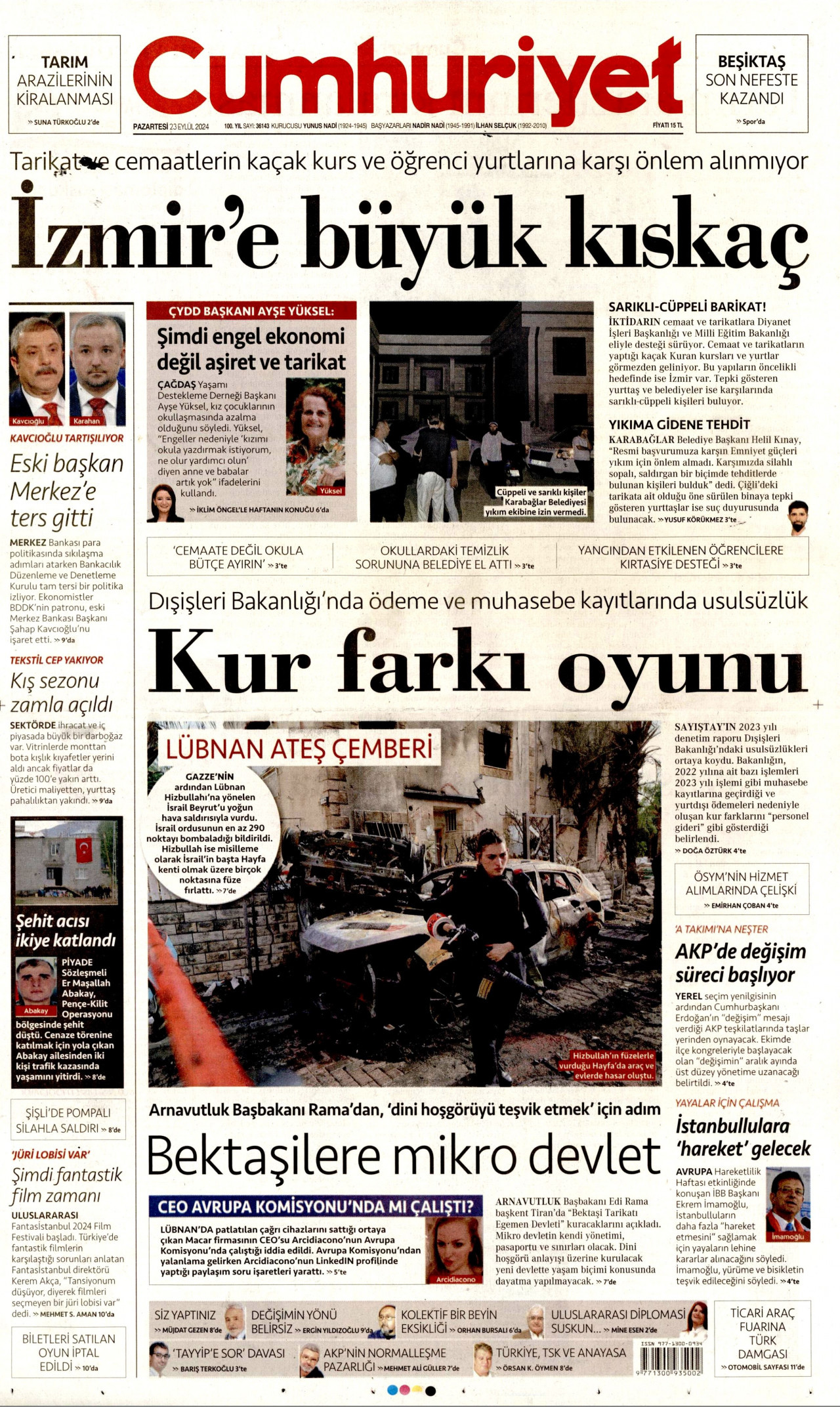 CUMHURİYET gazetesinin 23 Eylül 2024 tarihli birinci sayfası