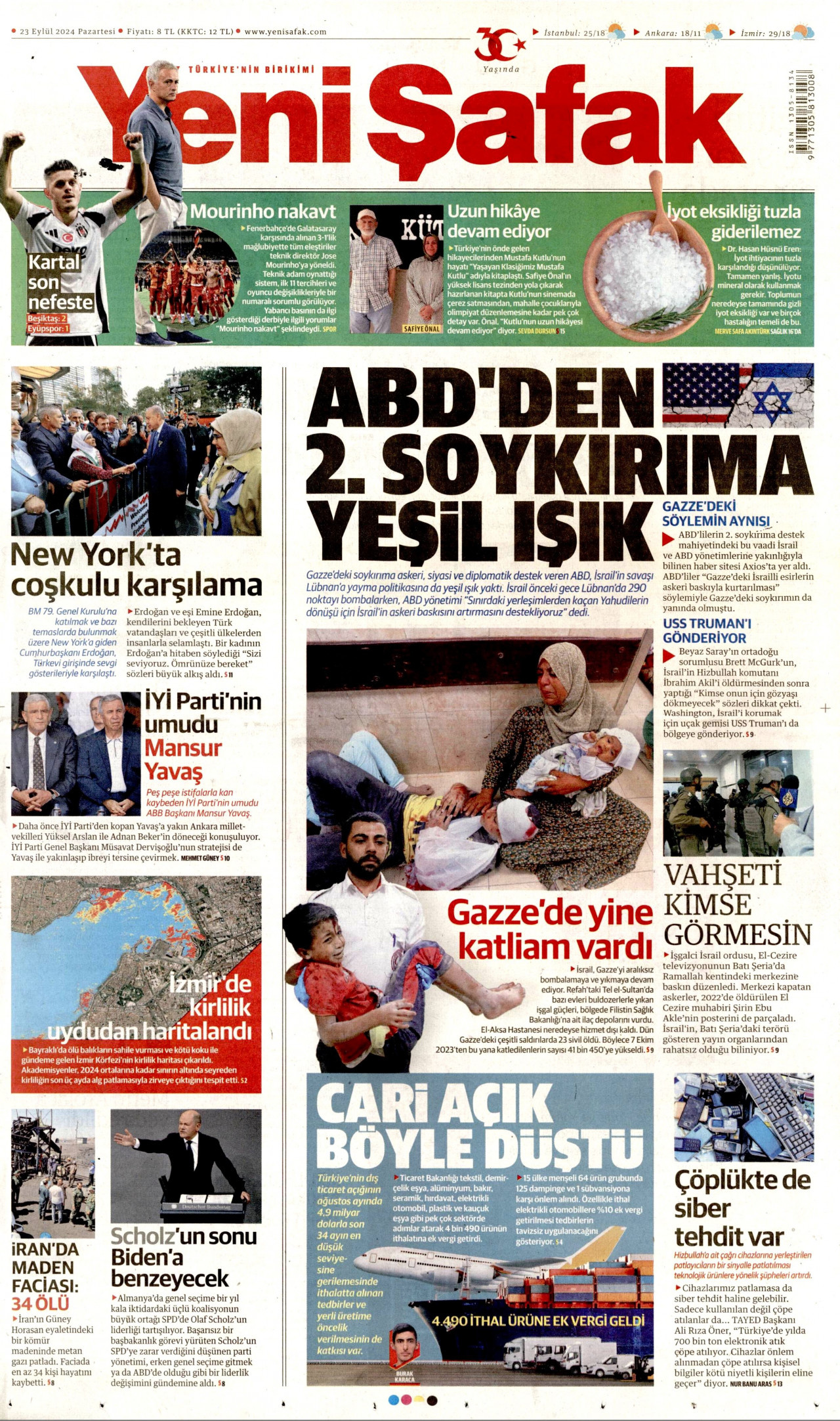 YENİ ŞAFAK gazetesinin 23 Eylül 2024 tarihli birinci sayfası