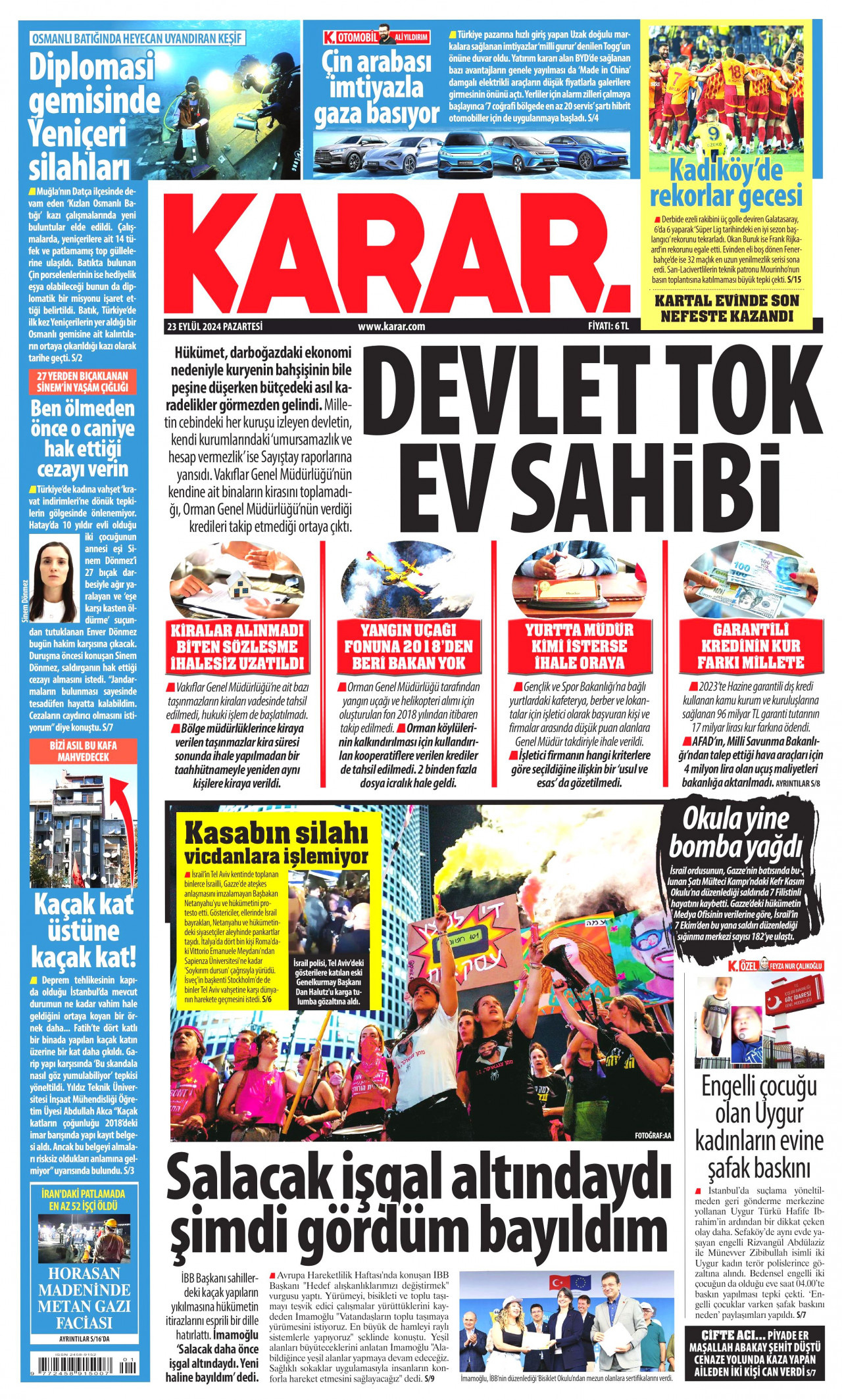 KARAR gazetesinin 23 Eylül 2024 tarihli birinci sayfası