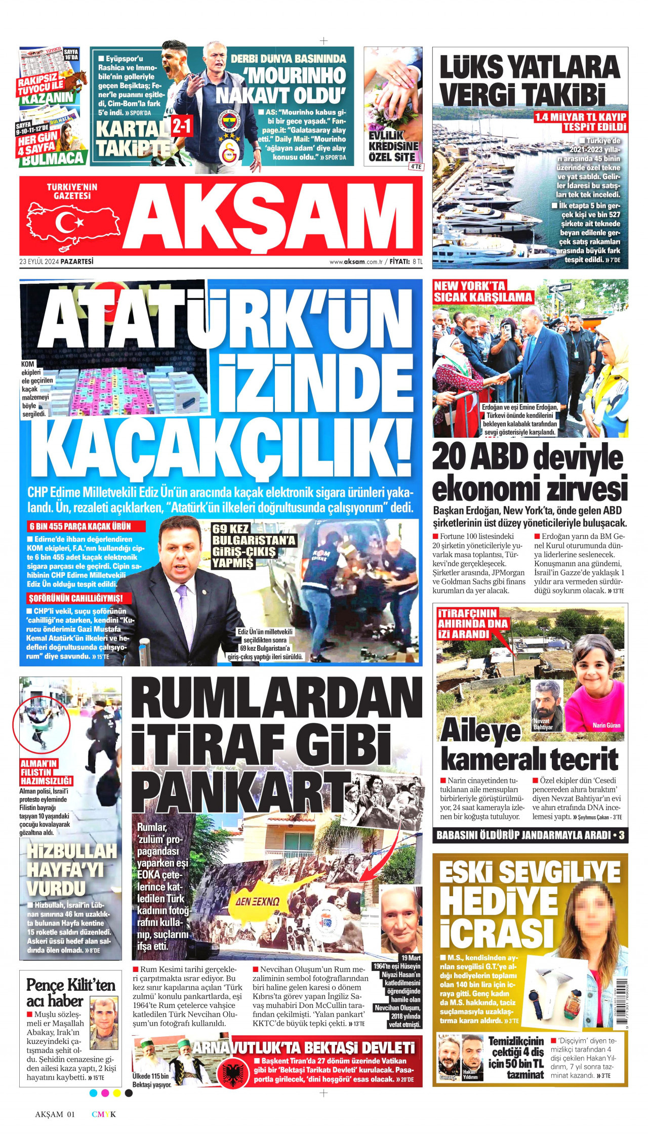 AKŞAM gazetesinin 23 Eylül 2024 tarihli birinci sayfası