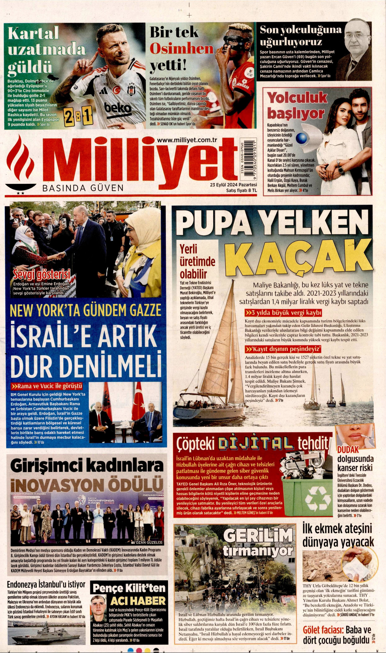 MİLLİYET gazetesinin 23 Eylül 2024 tarihli birinci sayfası