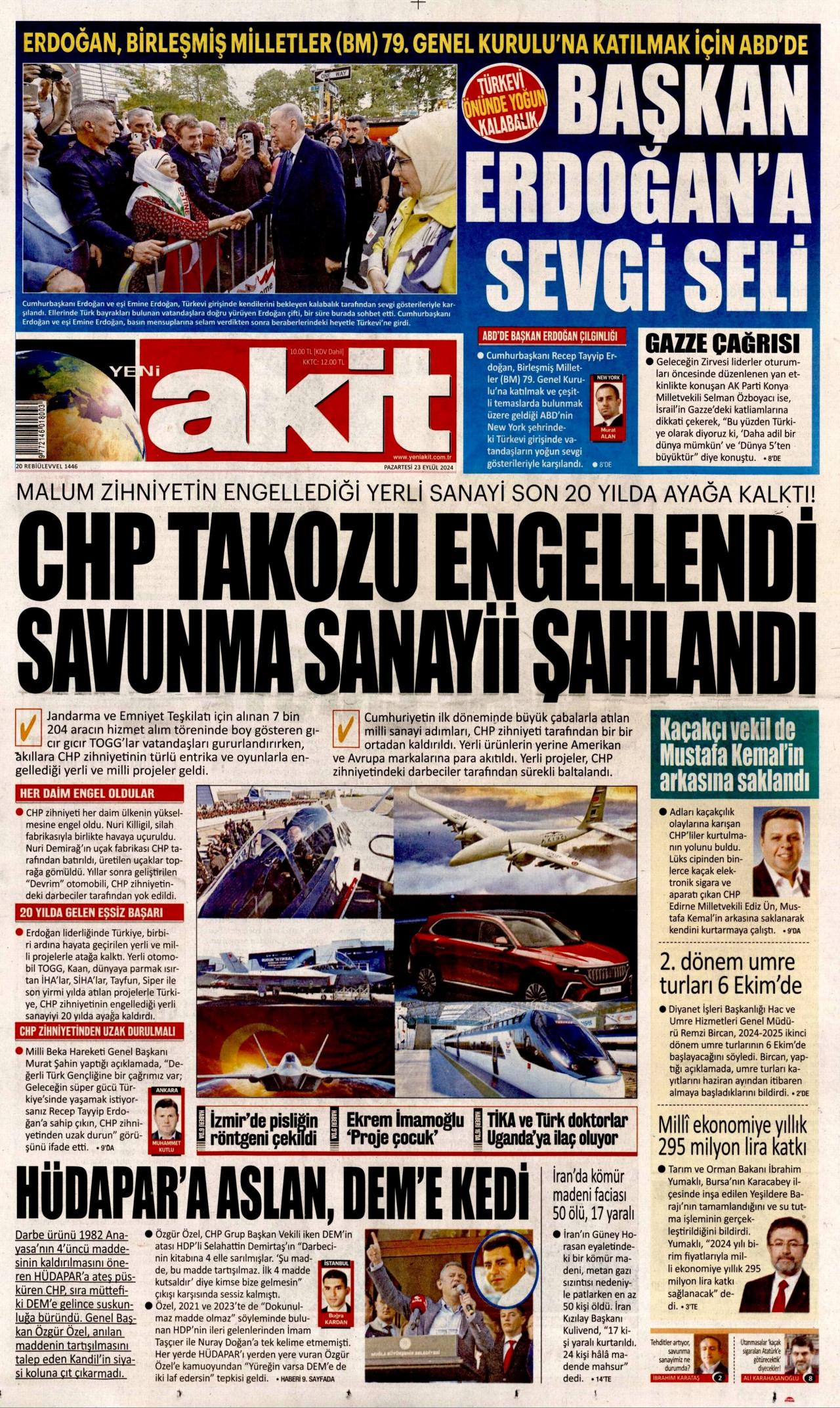 YENİ AKİT gazetesinin 23 Eylül 2024 tarihli birinci sayfası
