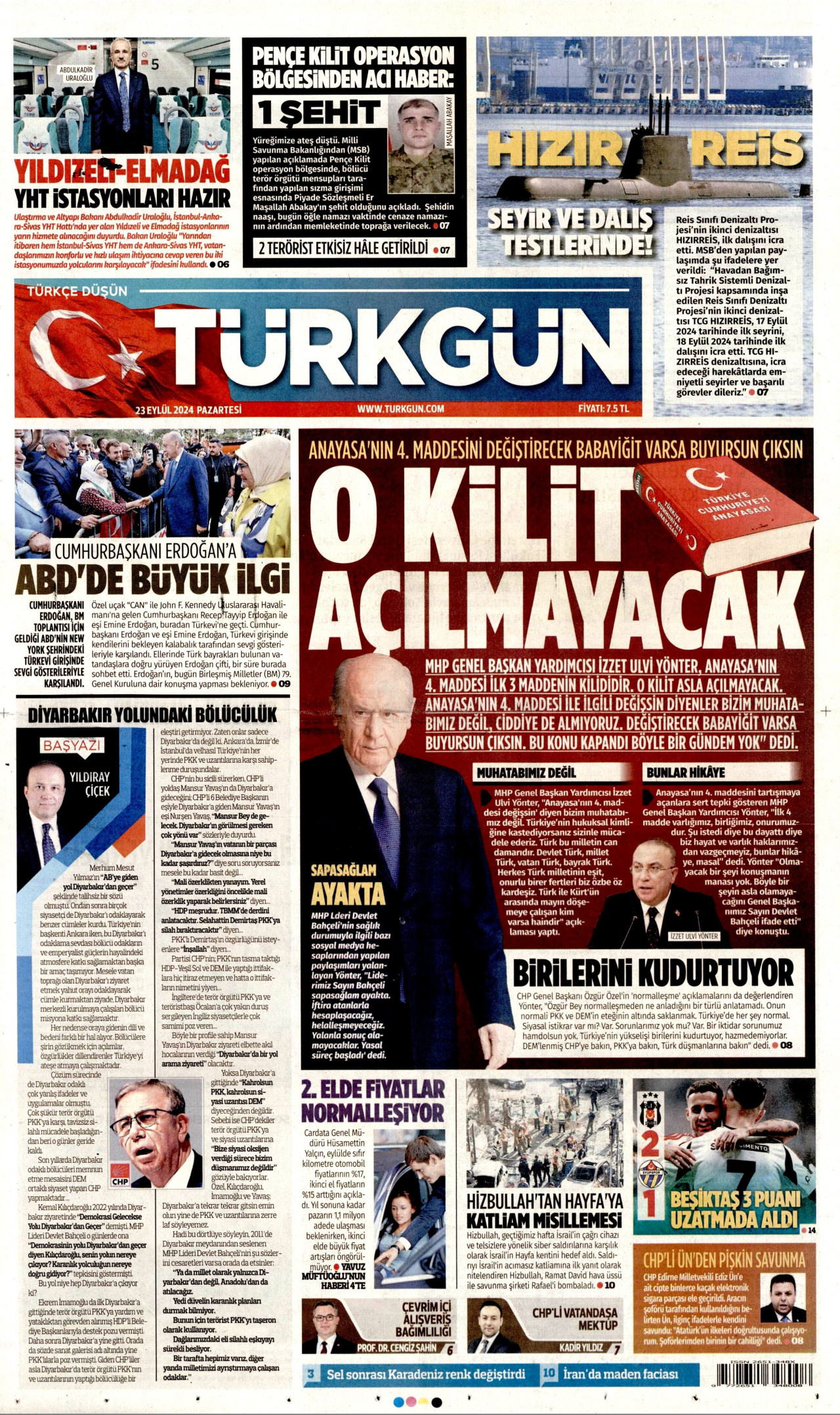 TÜRKGÜN gazetesinin 23 Eylül 2024 tarihli birinci sayfası
