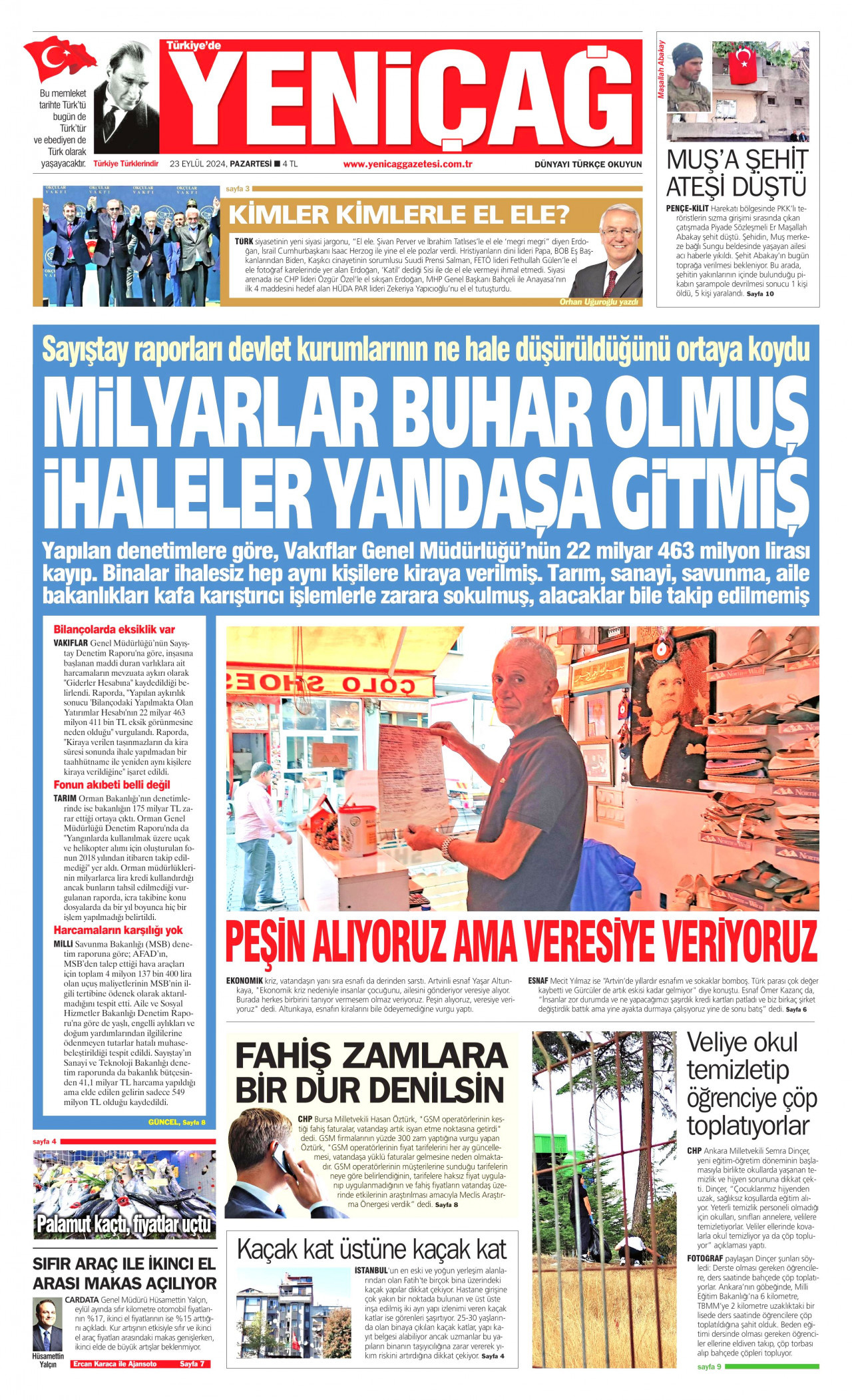 YENİÇAĞ gazetesinin 23 Eylül 2024 tarihli birinci sayfası