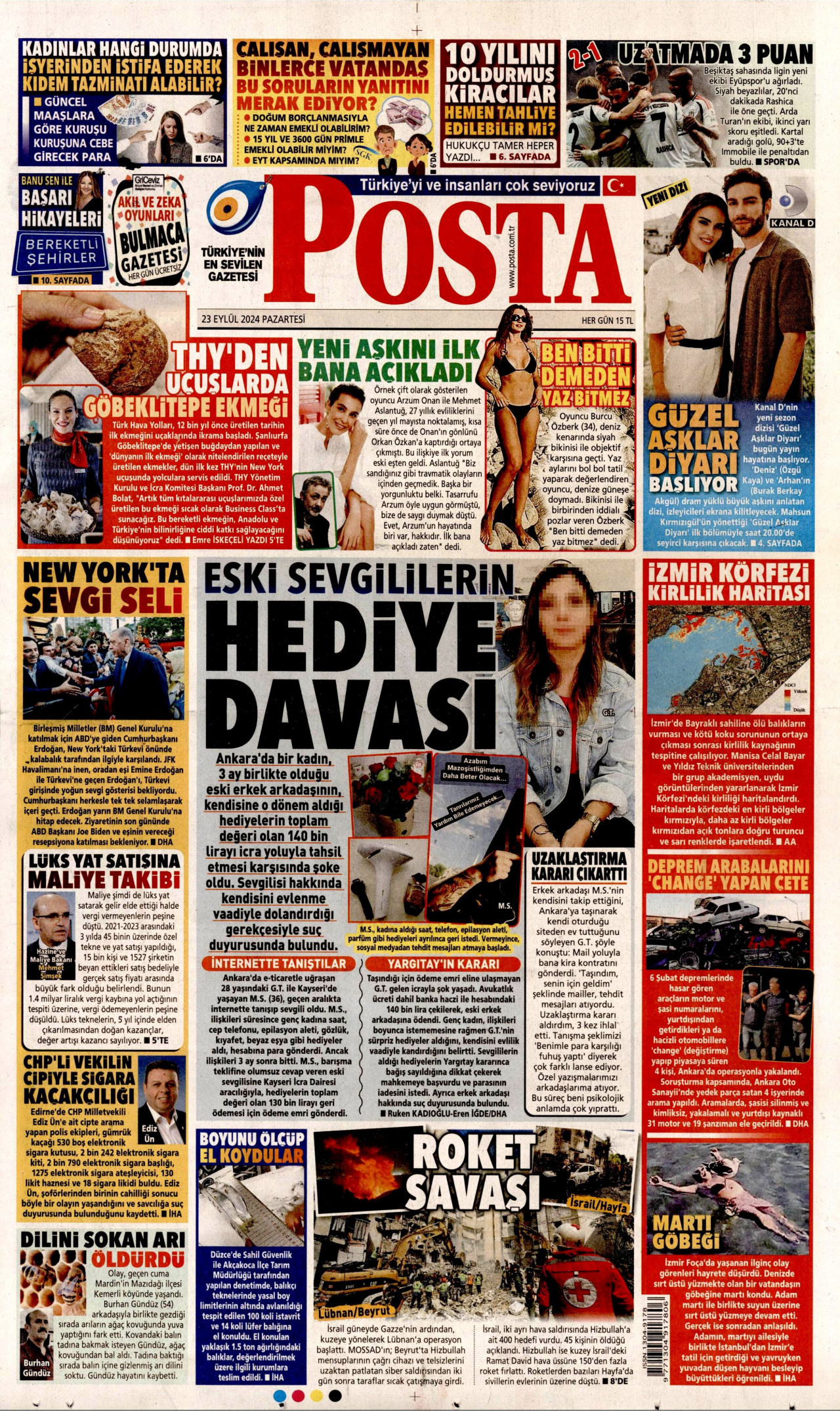 POSTA gazetesinin 23 Eylül 2024 tarihli birinci sayfası