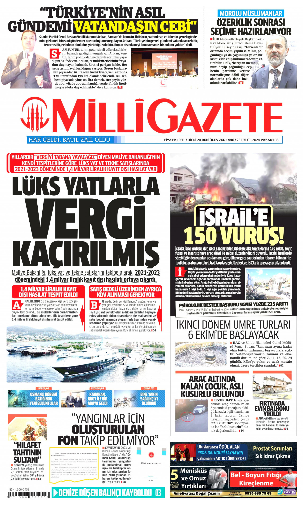 MİLLİ GAZETE gazetesinin 23 Eylül 2024 tarihli birinci sayfası