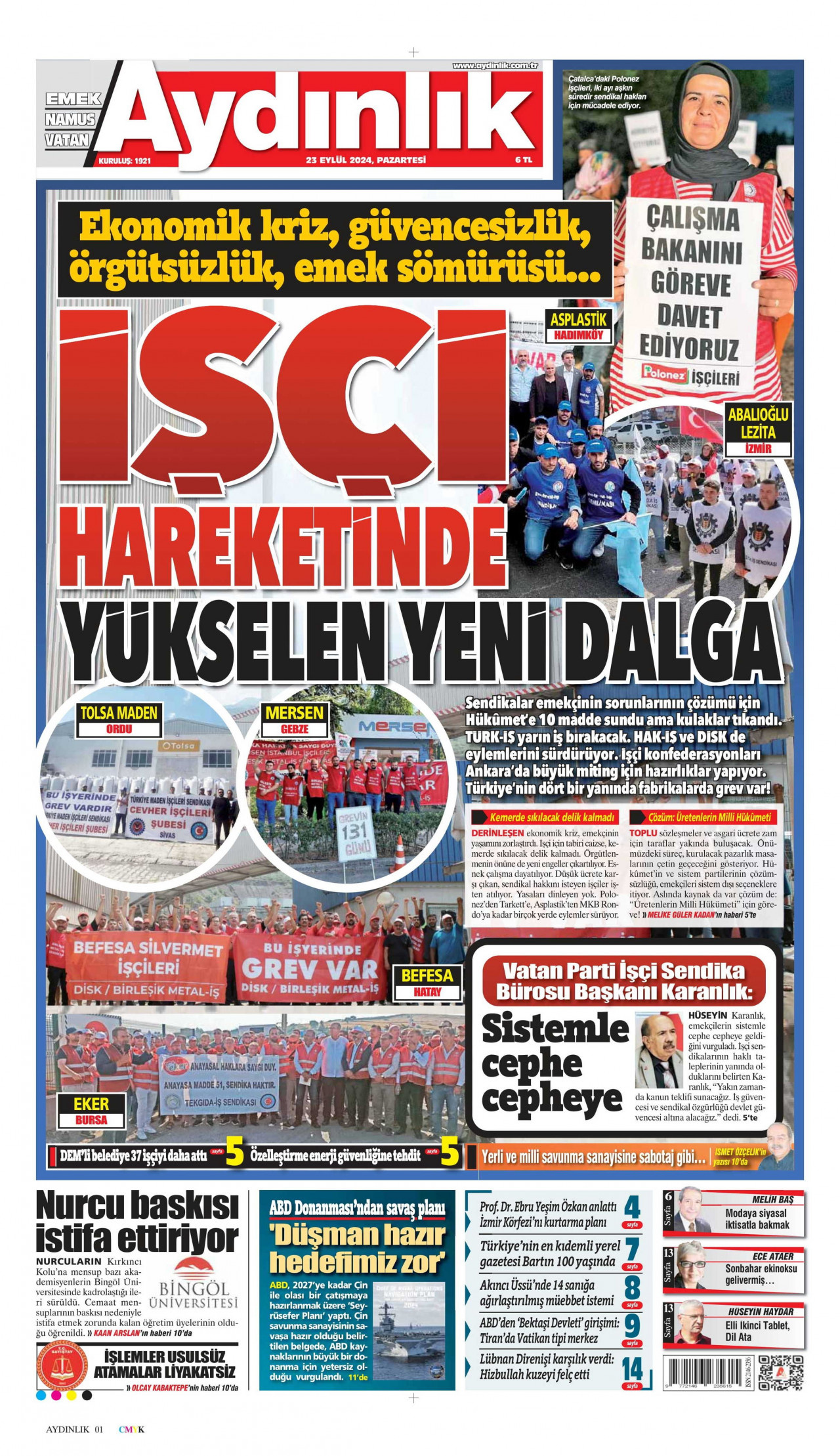 AYDINLIK GAZETESİ gazetesinin 23 Eylül 2024 tarihli birinci sayfası