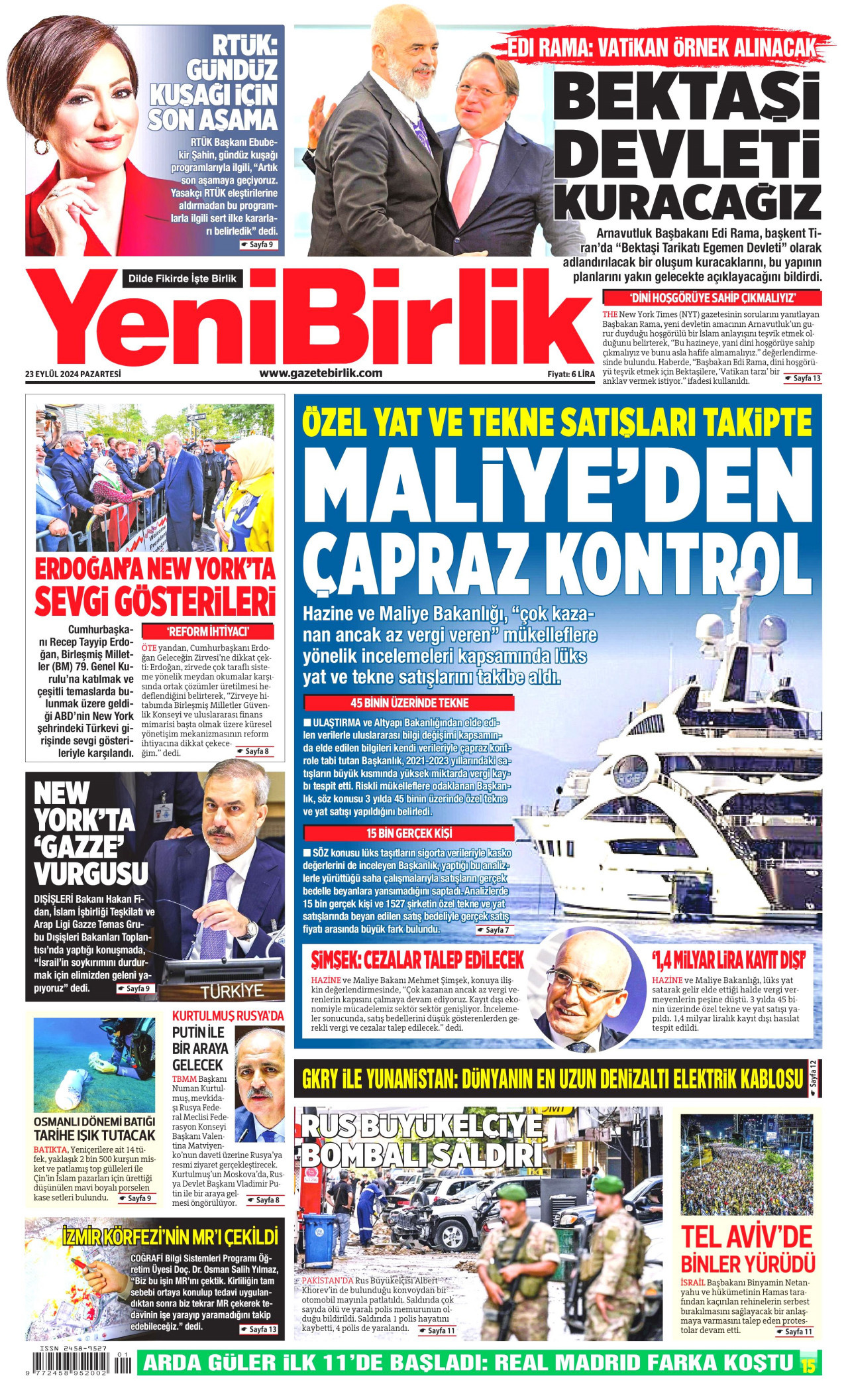 YENİBİRLİK gazetesinin 23 Eylül 2024 tarihli birinci sayfası