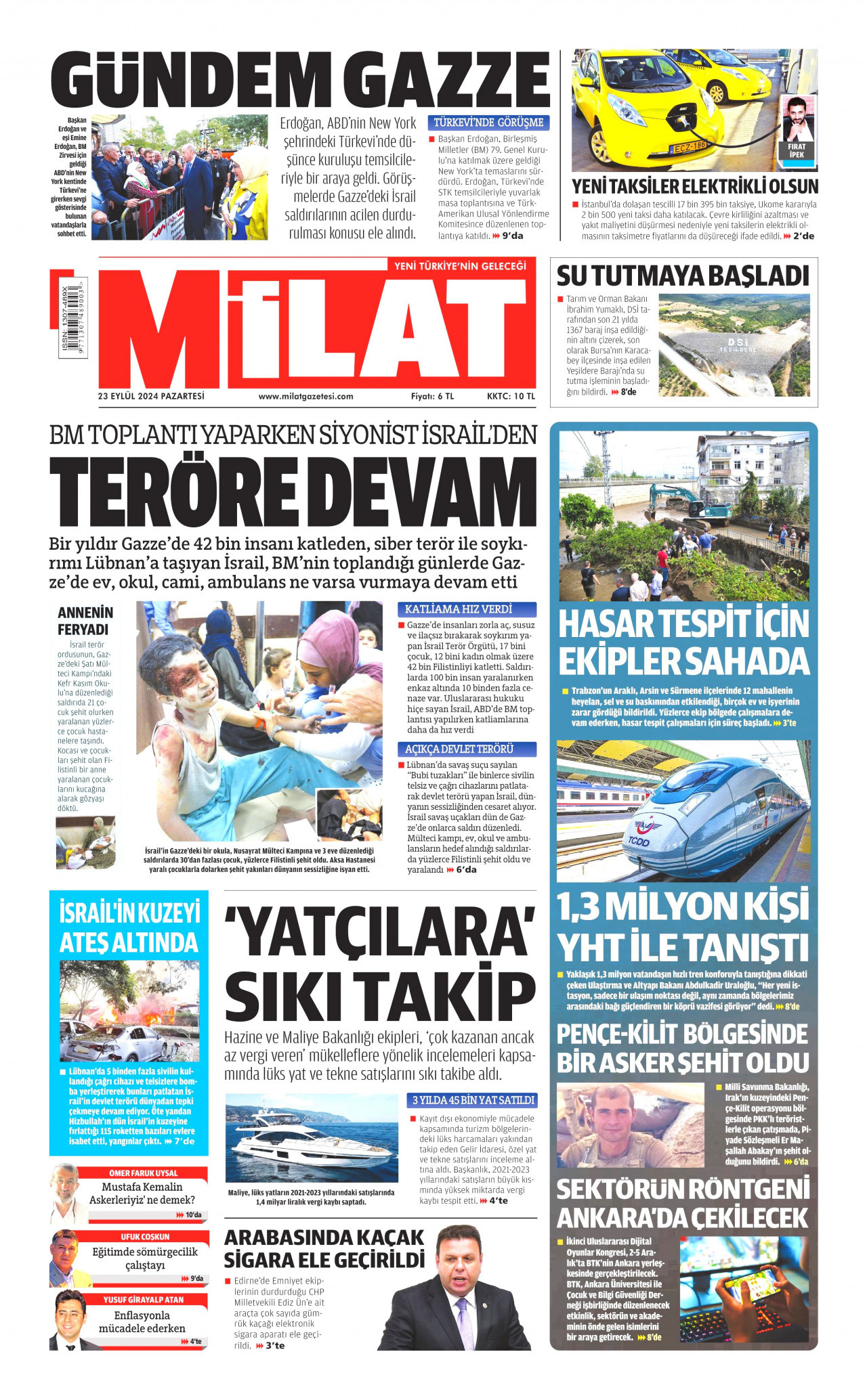 MİLAT gazetesinin 23 Eylül 2024 tarihli birinci sayfası