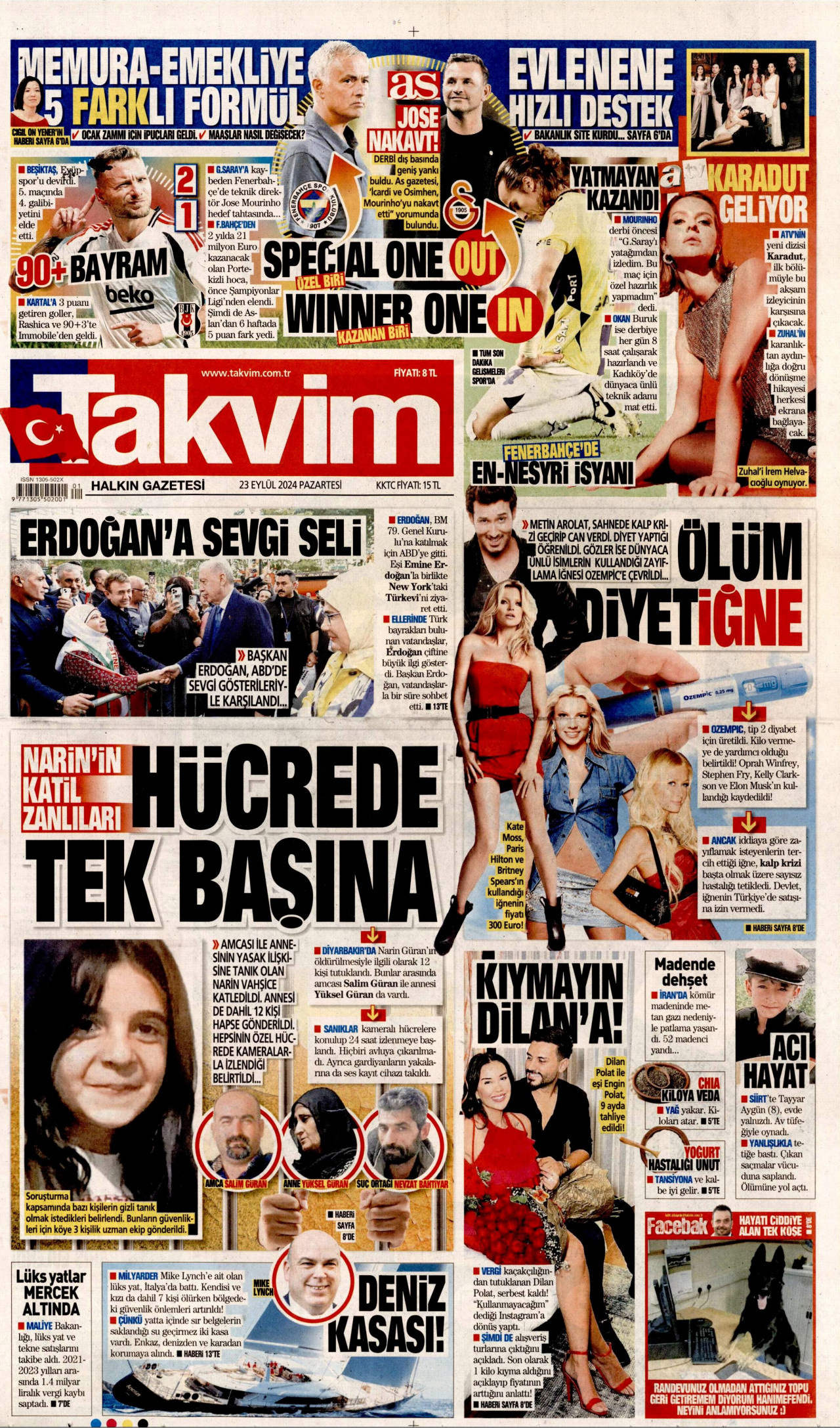 TAKVİM gazetesinin 23 Eylül 2024 tarihli birinci sayfası