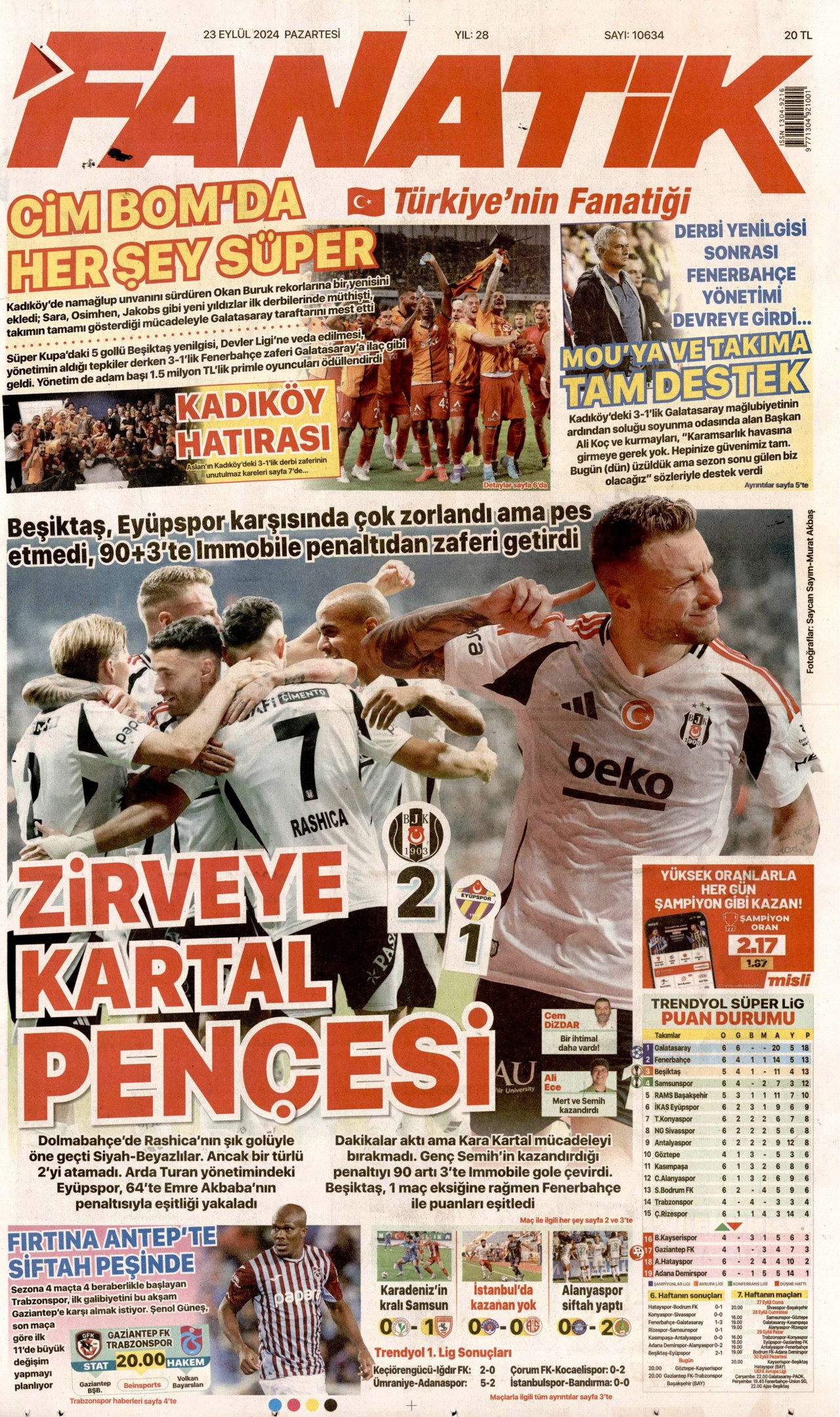 FANATİK gazetesinin 23 Eylül 2024 tarihli birinci sayfası