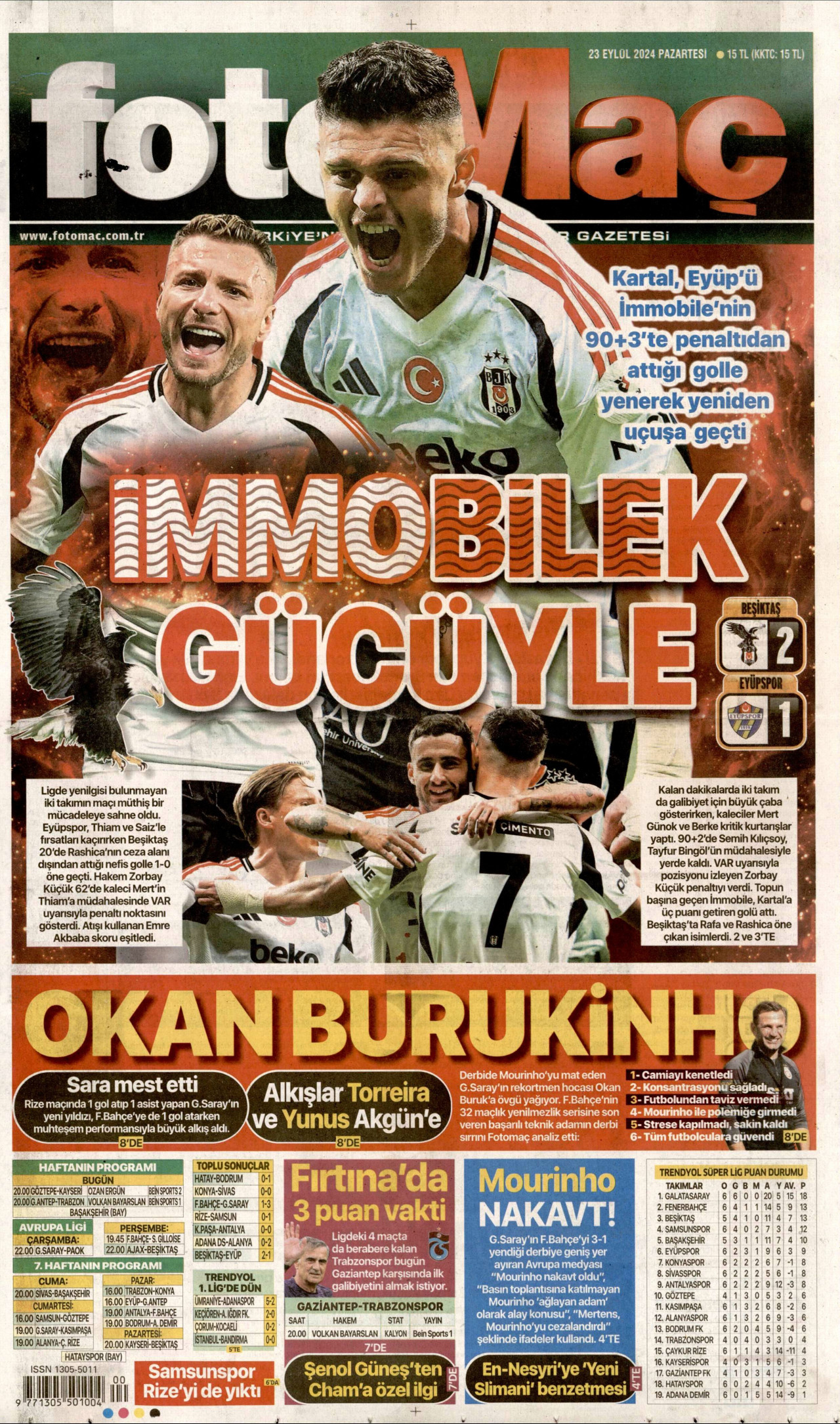 FOTOMAÇ gazetesinin 23 Eylül 2024 tarihli birinci sayfası