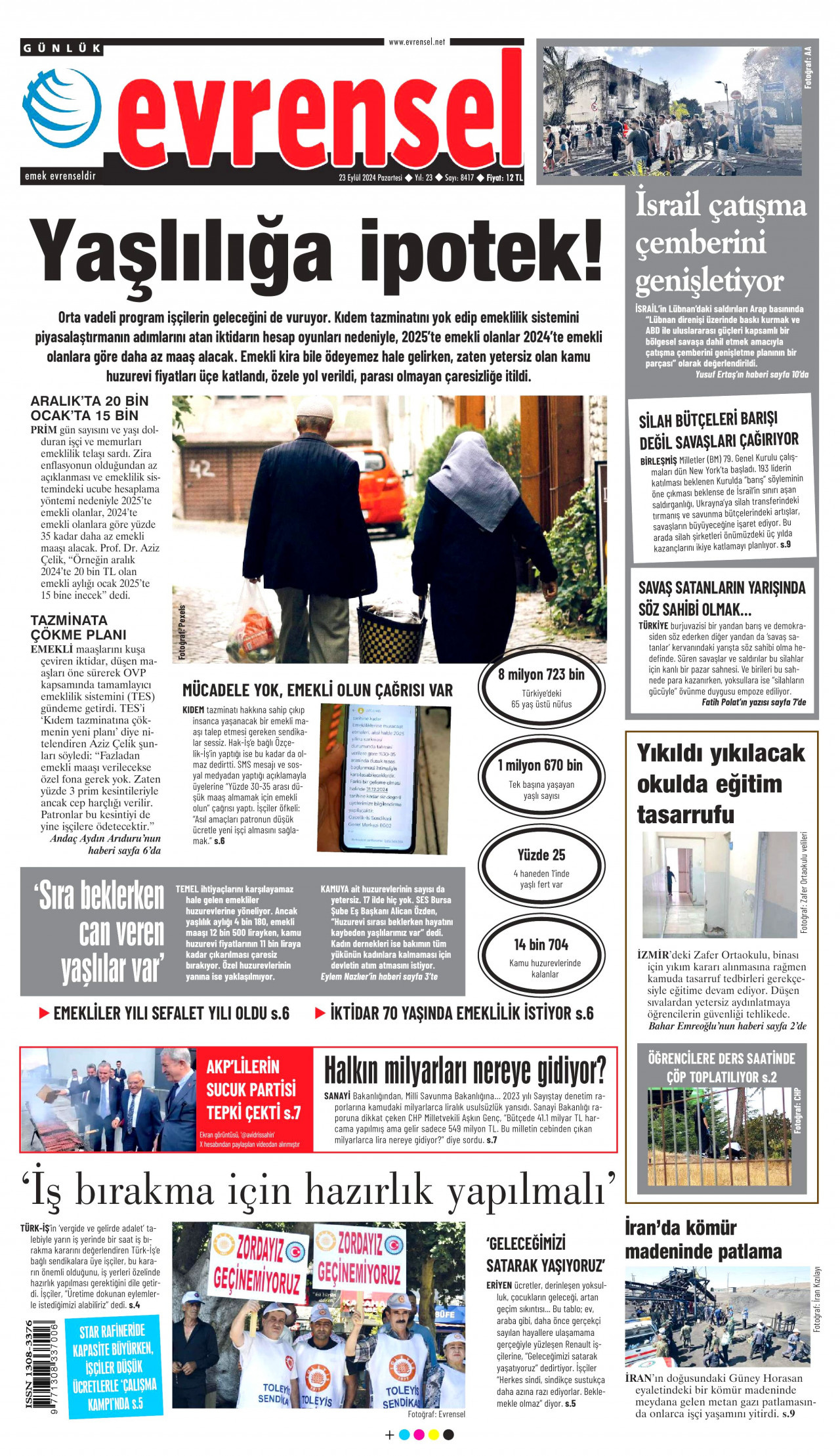 EVRENSEL gazetesinin 23 Eylül 2024 tarihli birinci sayfası
