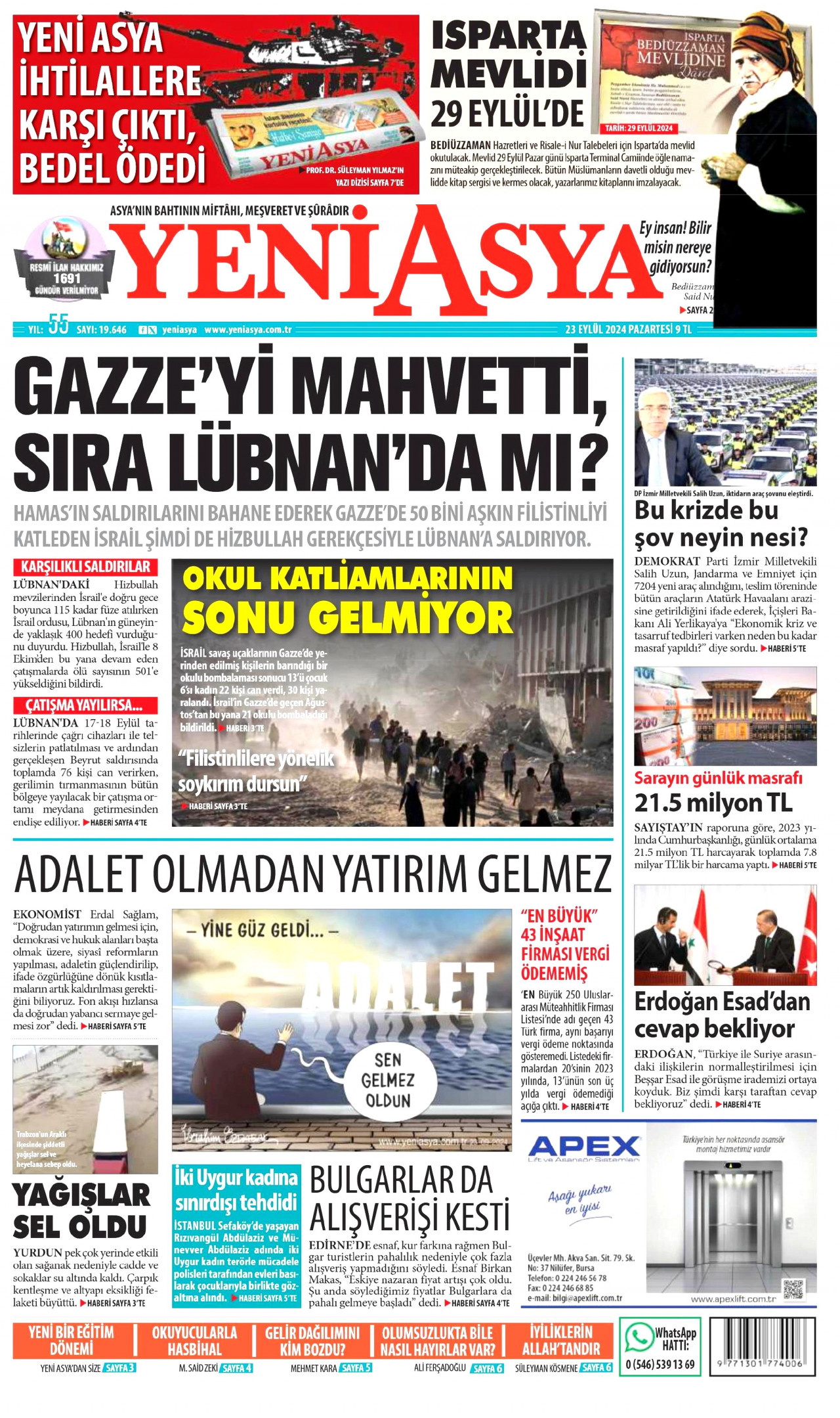 YENİ ASYA gazetesinin 23 Eylül 2024 tarihli birinci sayfası