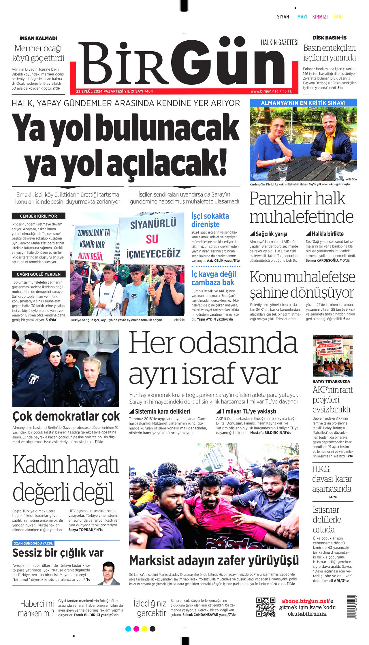 BİRGÜN gazetesinin 23 Eylül 2024 tarihli birinci sayfası
