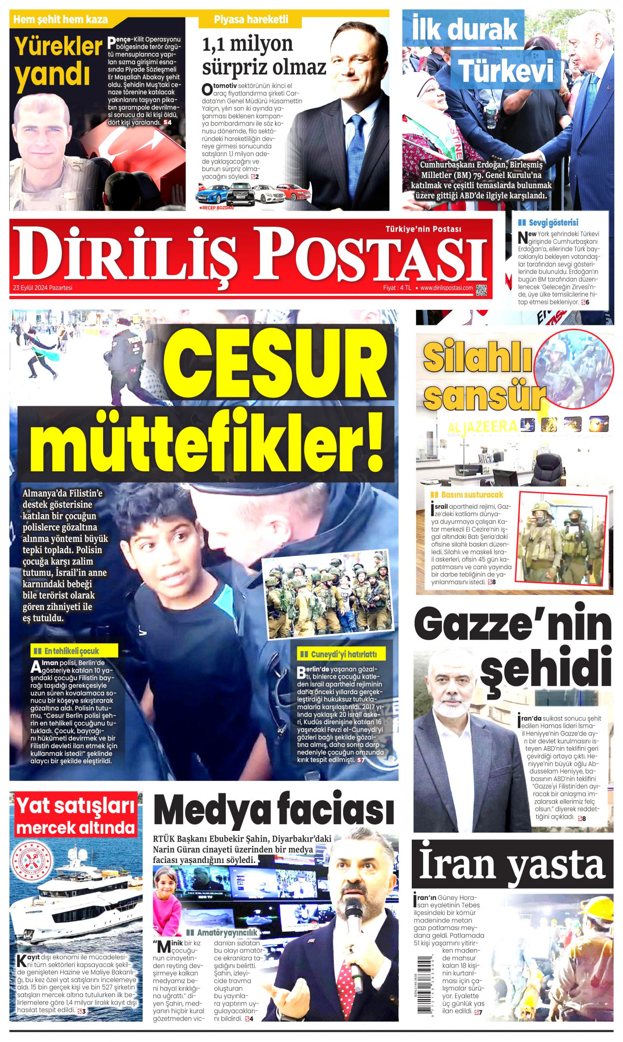 DİRİLİŞ POSTASI gazetesinin 23 Eylül 2024 tarihli birinci sayfası