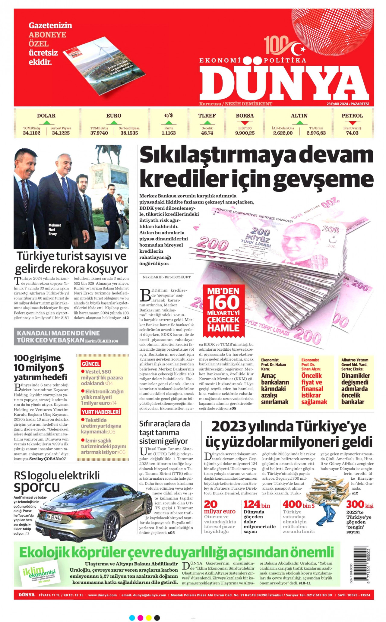 DÜNYA gazetesinin 23 Eylül 2024 tarihli birinci sayfası