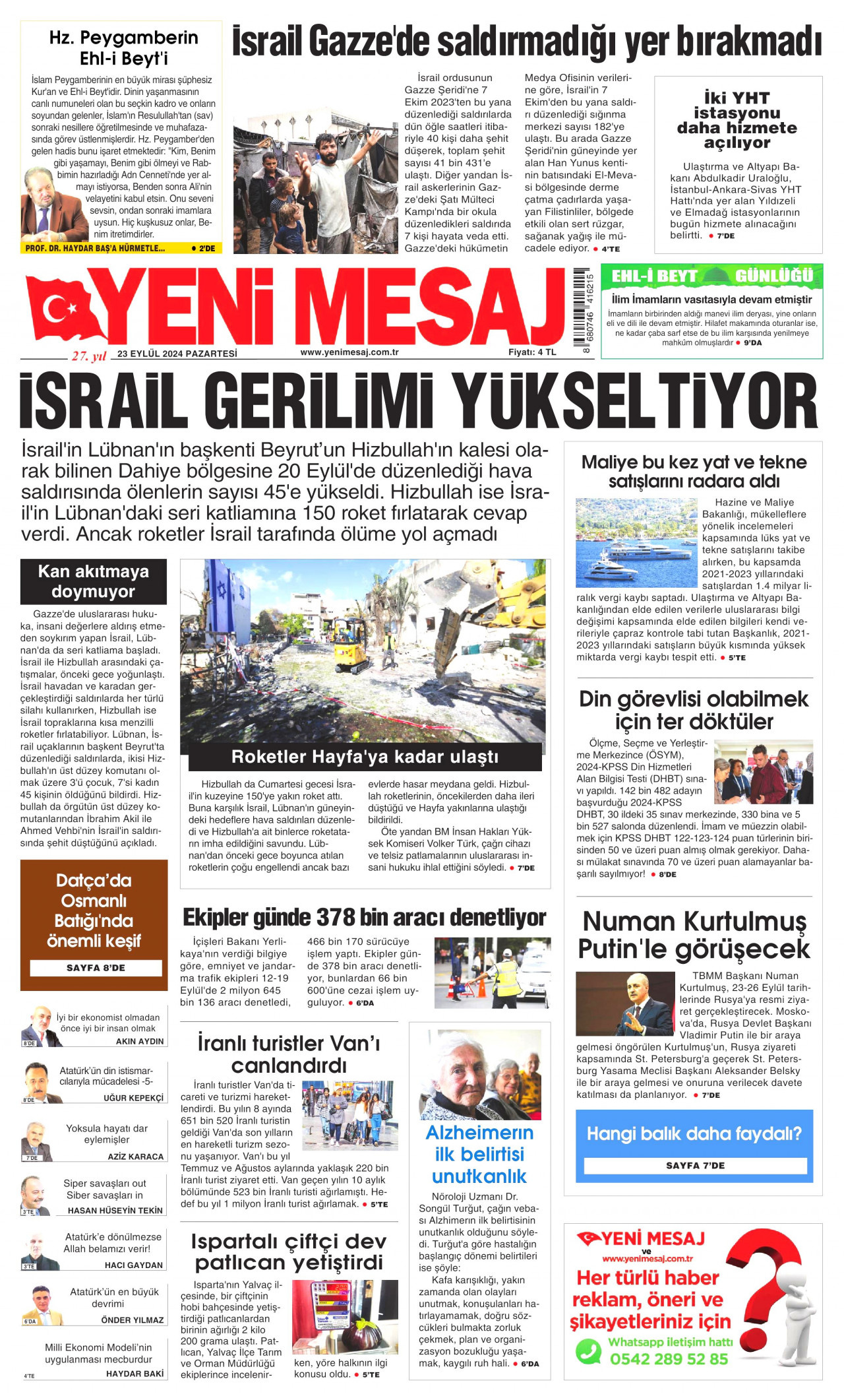 YENİ MESAJ gazetesinin 23 Eylül 2024 tarihli birinci sayfası