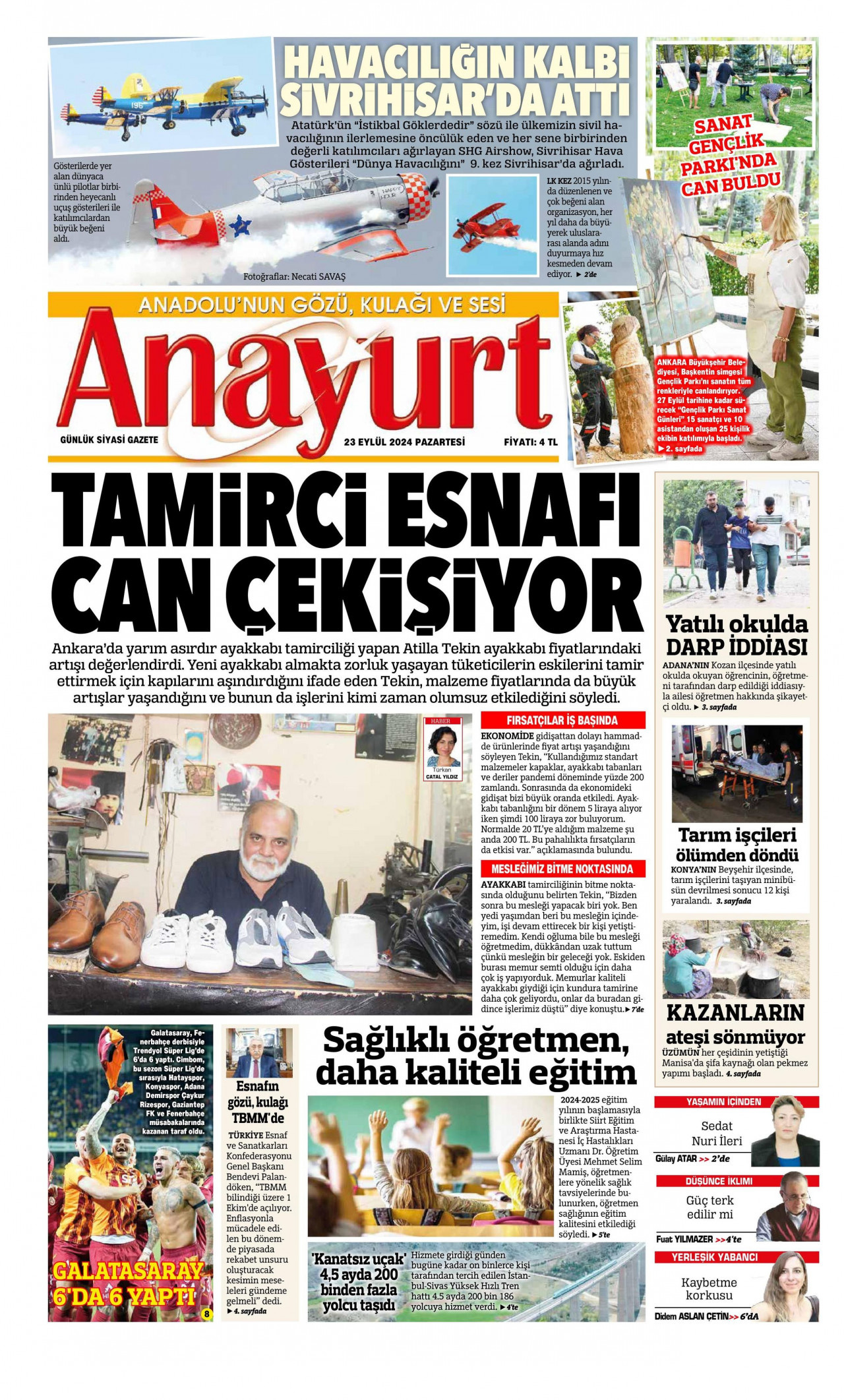 ANAYURT gazetesinin 23 Eylül 2024 tarihli birinci sayfası