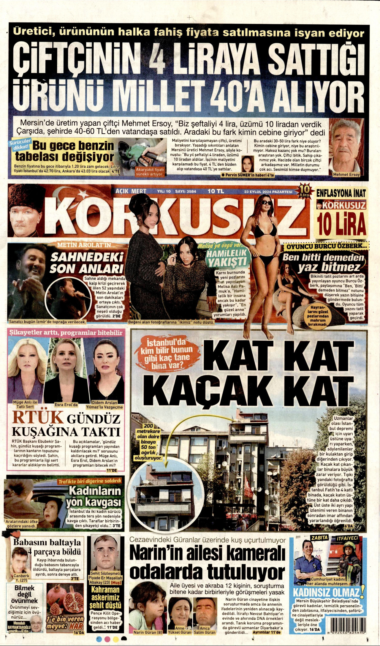 KORKUSUZ gazetesinin 23 Eylül 2024 tarihli birinci sayfası