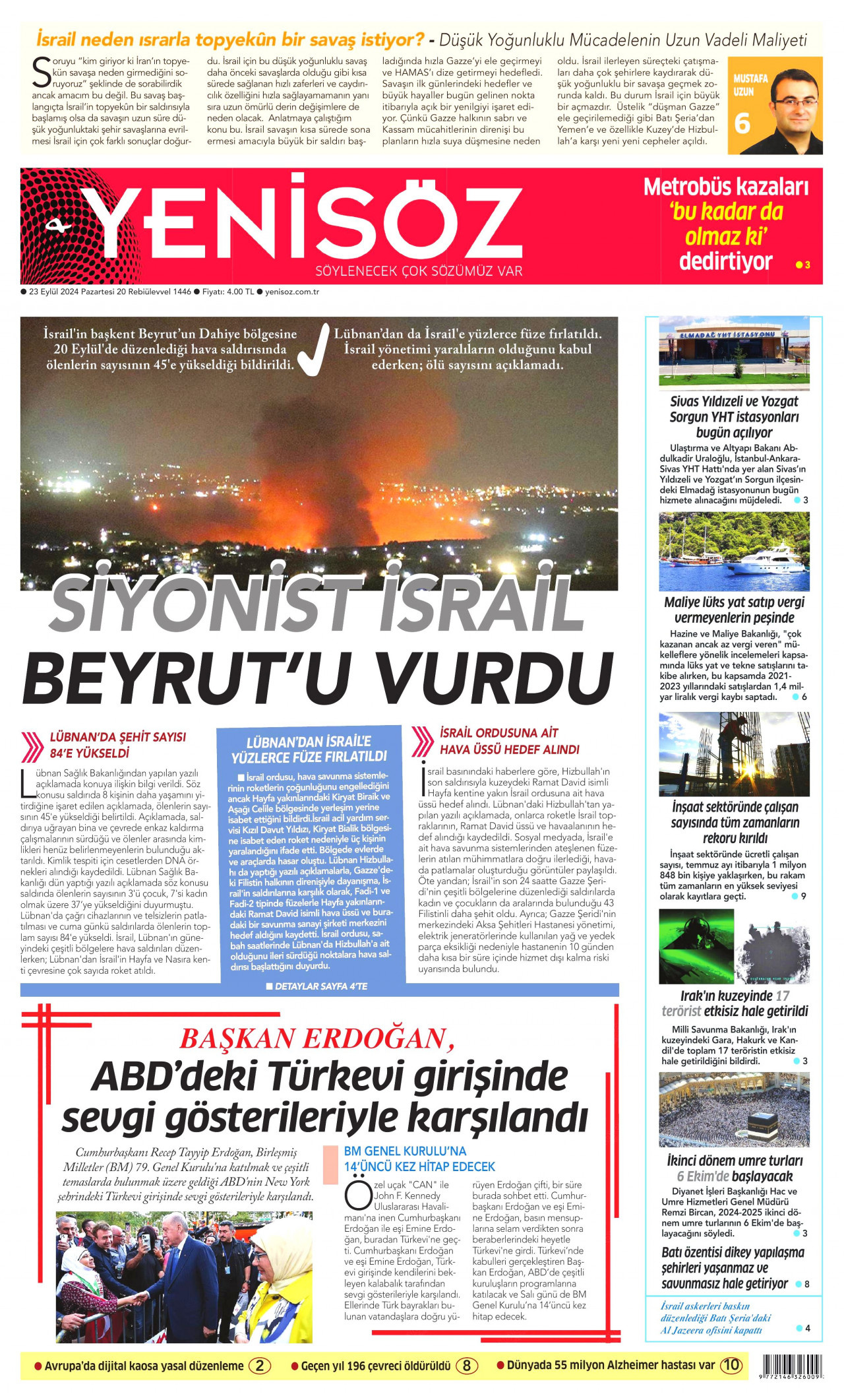 YENİ SÖZ GAZETESİ gazetesinin 23 Eylül 2024 tarihli birinci sayfası