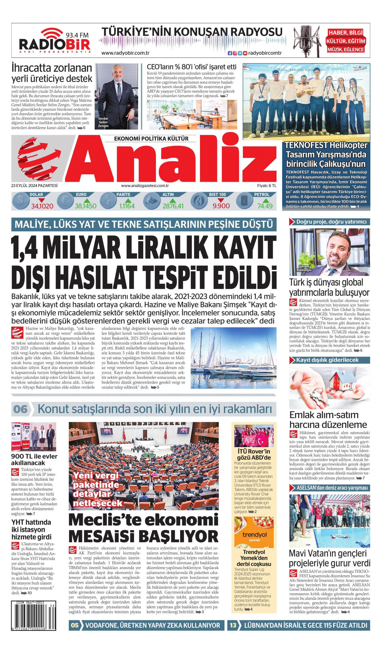 ANALİZ gazetesinin 23 Eylül 2024 tarihli birinci sayfası